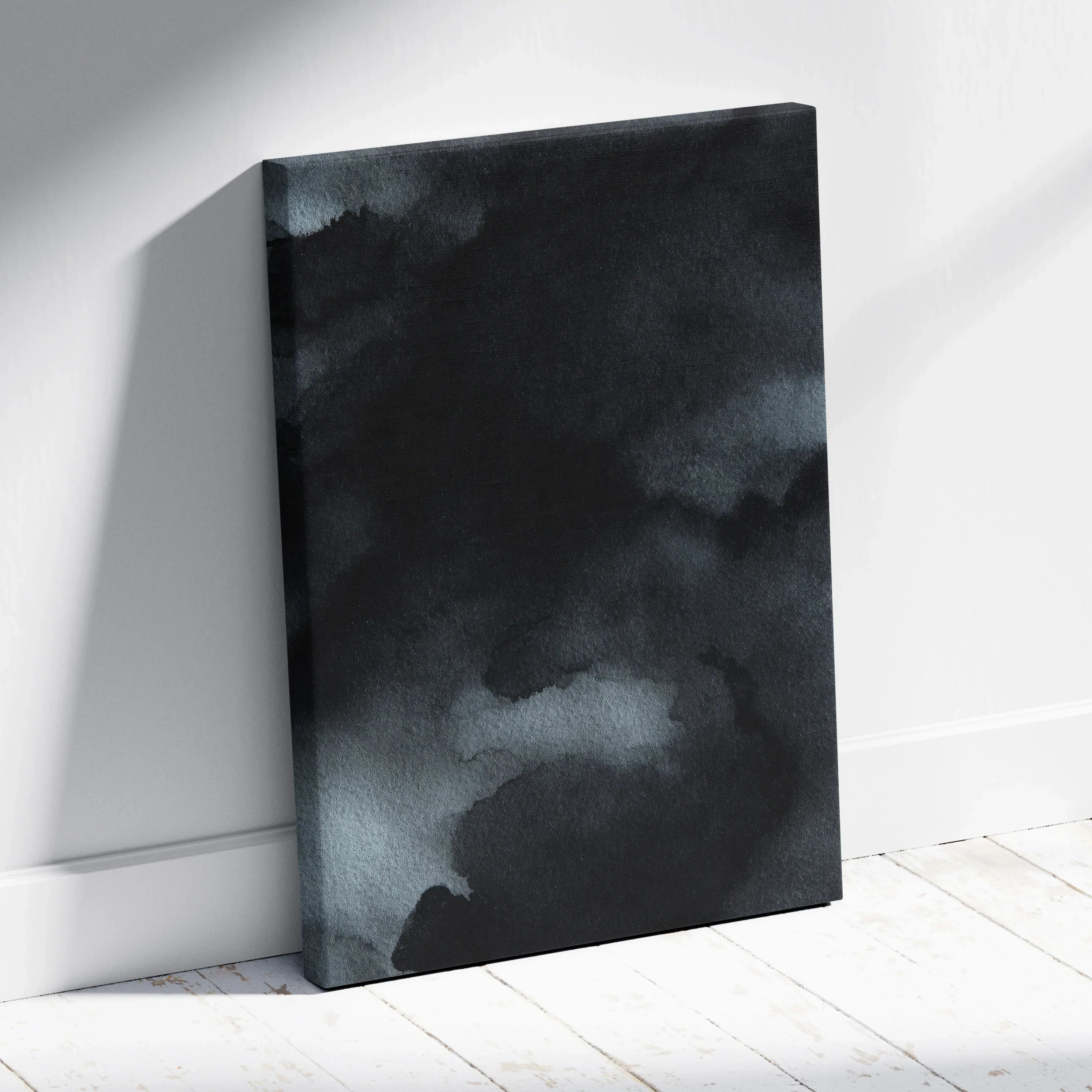 Abstract nature-inspired dark moody tones on vertical canvas wall art with cloud-like textures.