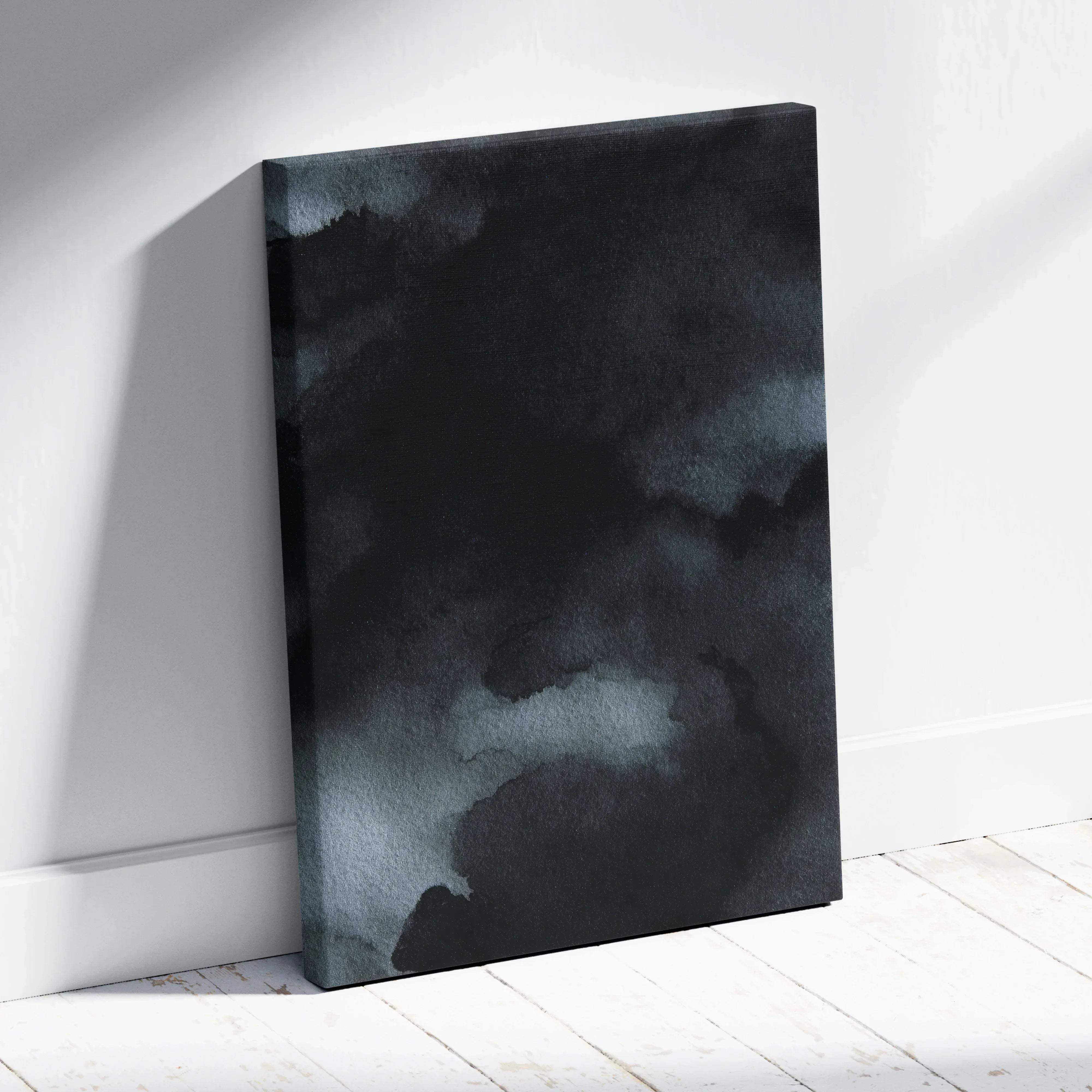 Nature inspired abstract canvas wall art with black watercolor textured strokes in a moody night landscape design