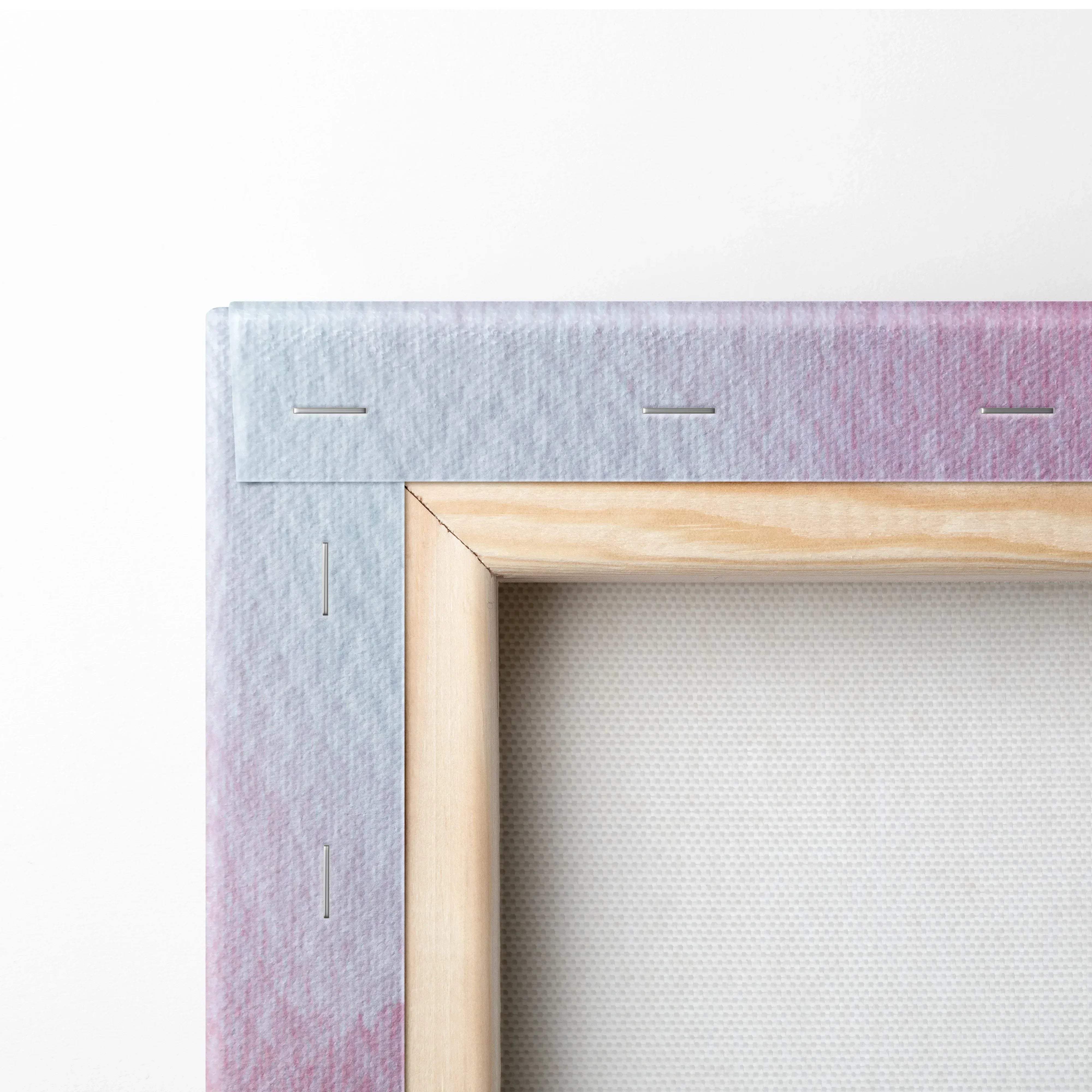 A modern abstract faces canvas wall art with colorful rainbow silhouettes on a soft lavender and gray gradient frame