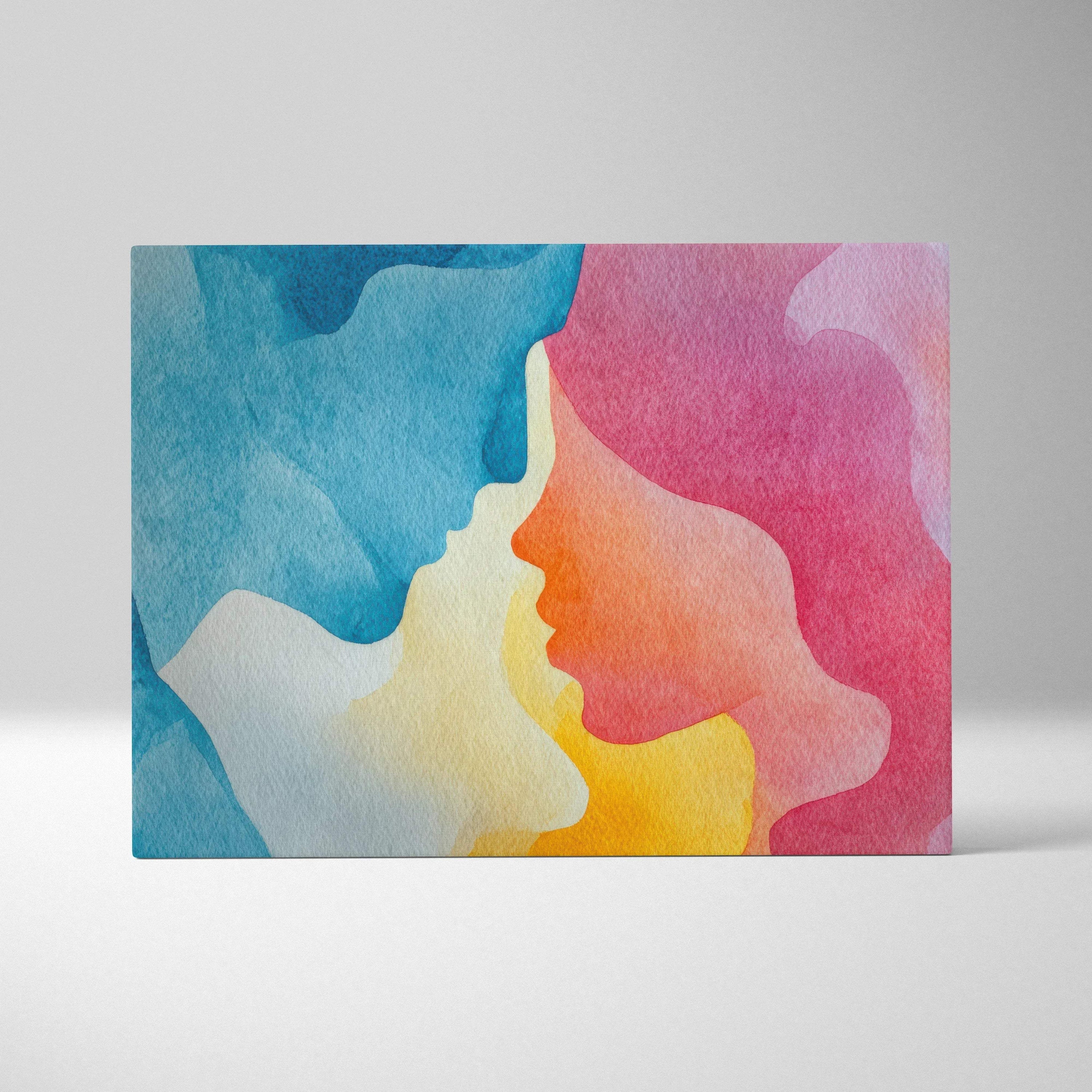 Abstract modern digital art canvas print featuring blue and pink silhouettes with yellow accents for wall art.