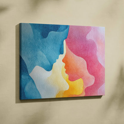 Abstract modern digital art canvas with overlapping profile silhouettes in blue, orange, pink, and yellow tones for wall art.