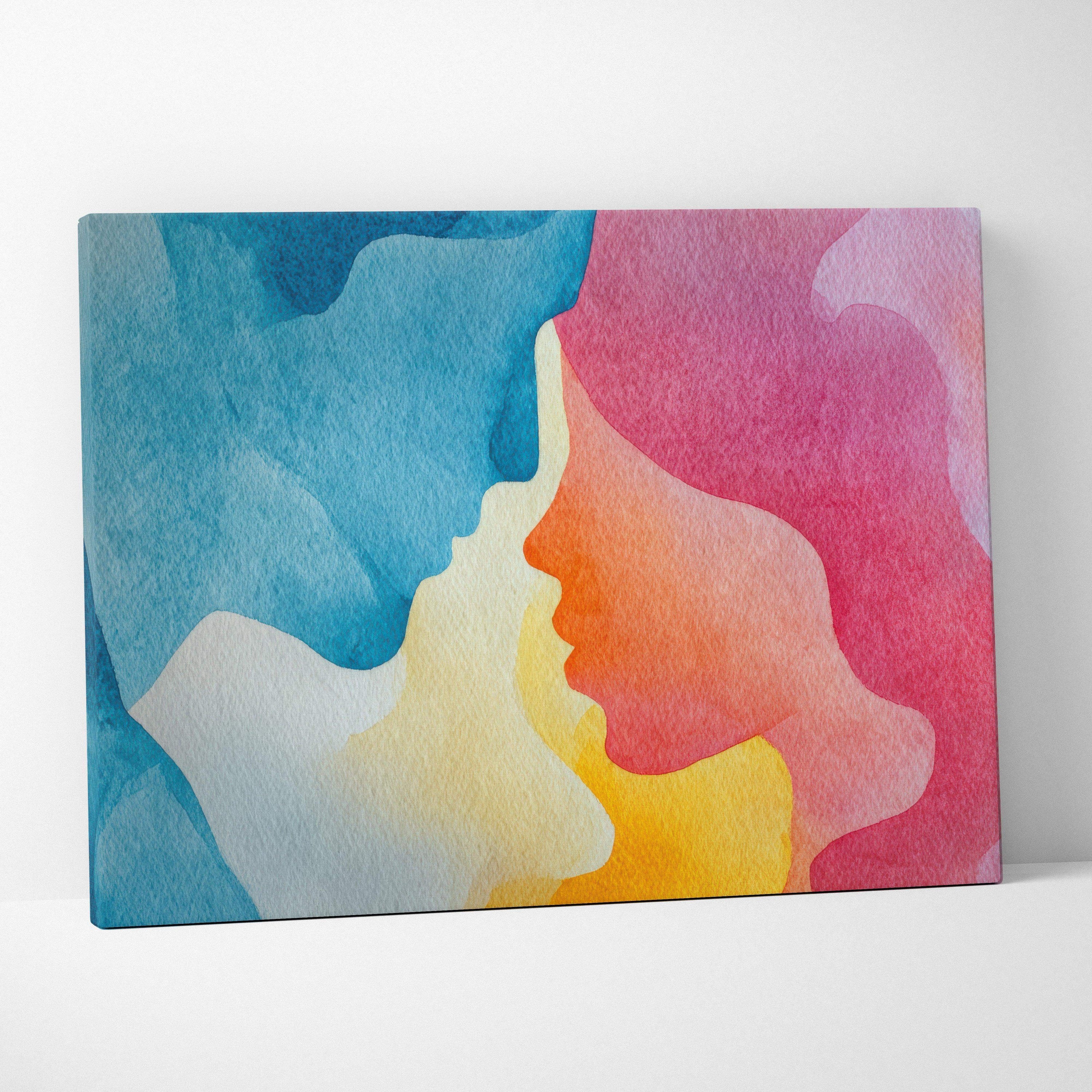 Abstract modern digital art canvas with blue and pink profiles facing each other, colorful wall art.