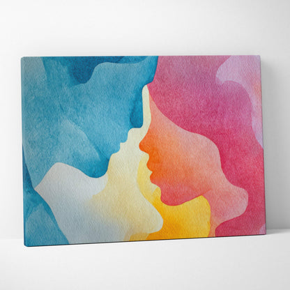 Abstract modern digital art canvas with blue and pink profiles facing each other, colorful wall art.
