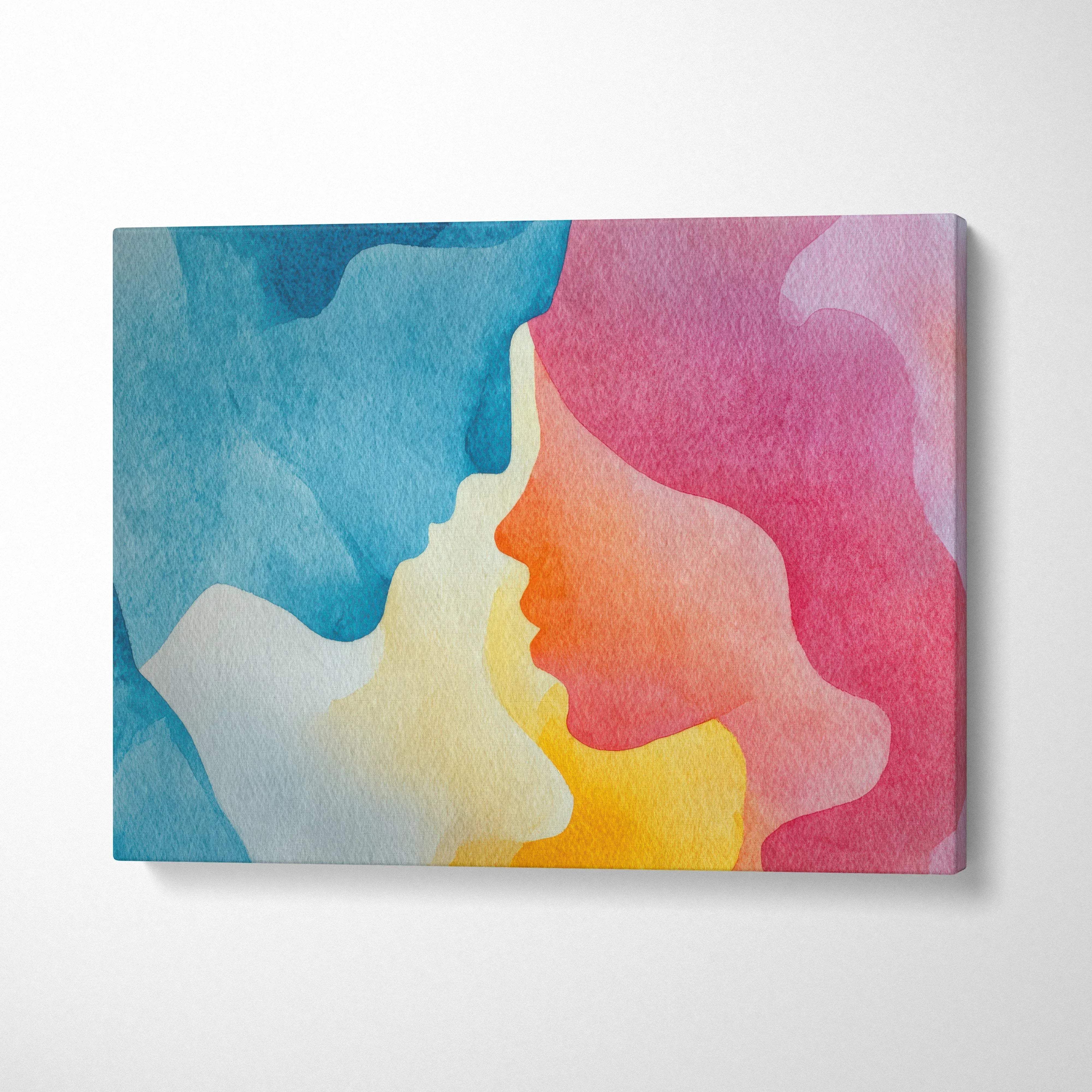 Abstract modern digital art canvas featuring blue and pink fluid face profiles for vibrant wall art decor.