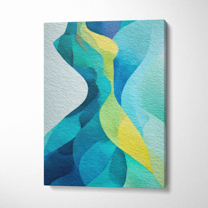 Abstract digital art canvas wall art with flowing blue, teal, and yellow shapes.