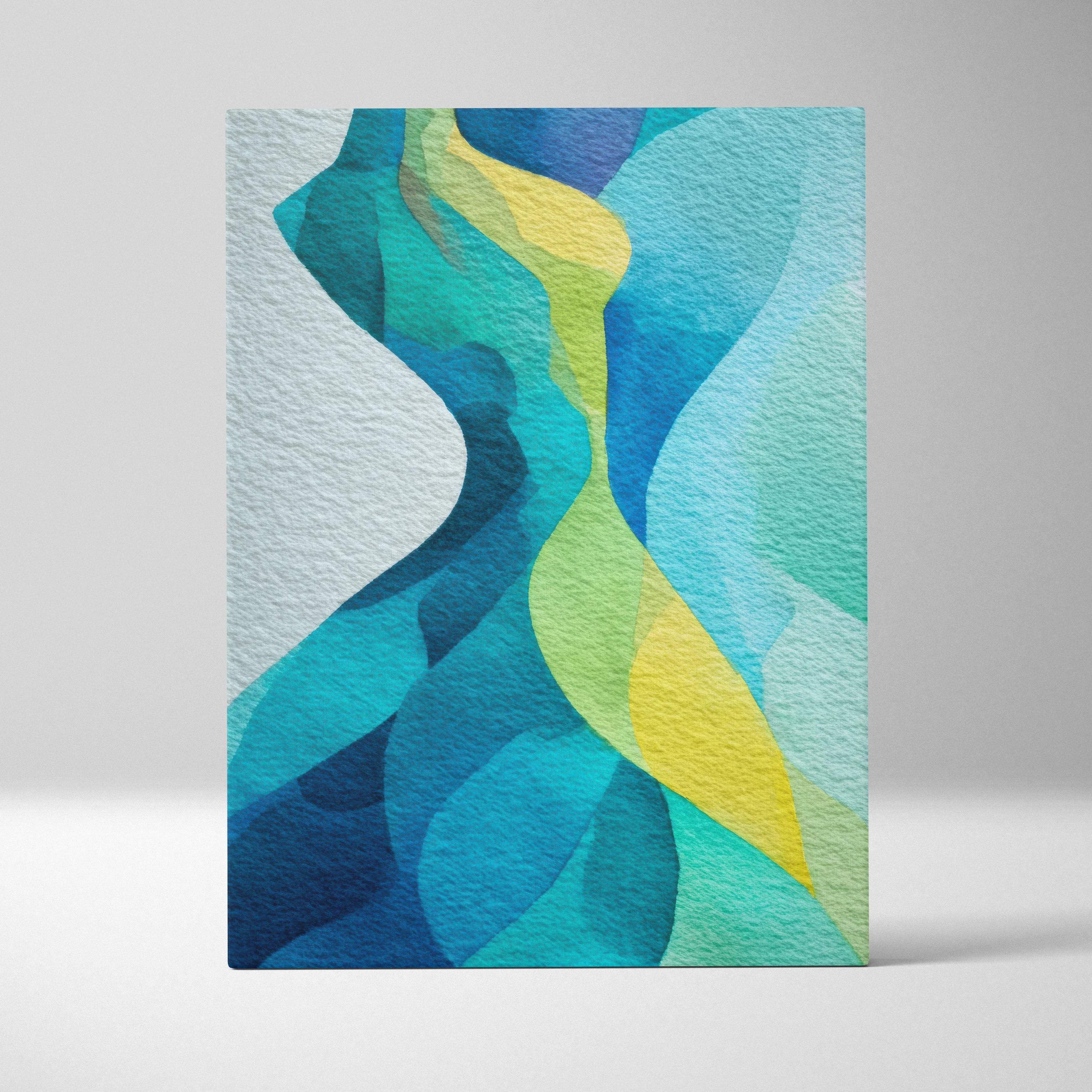 Rectangular canvas wall art with modern abstract teal blue and yellow wave forms on textured paper for home decor