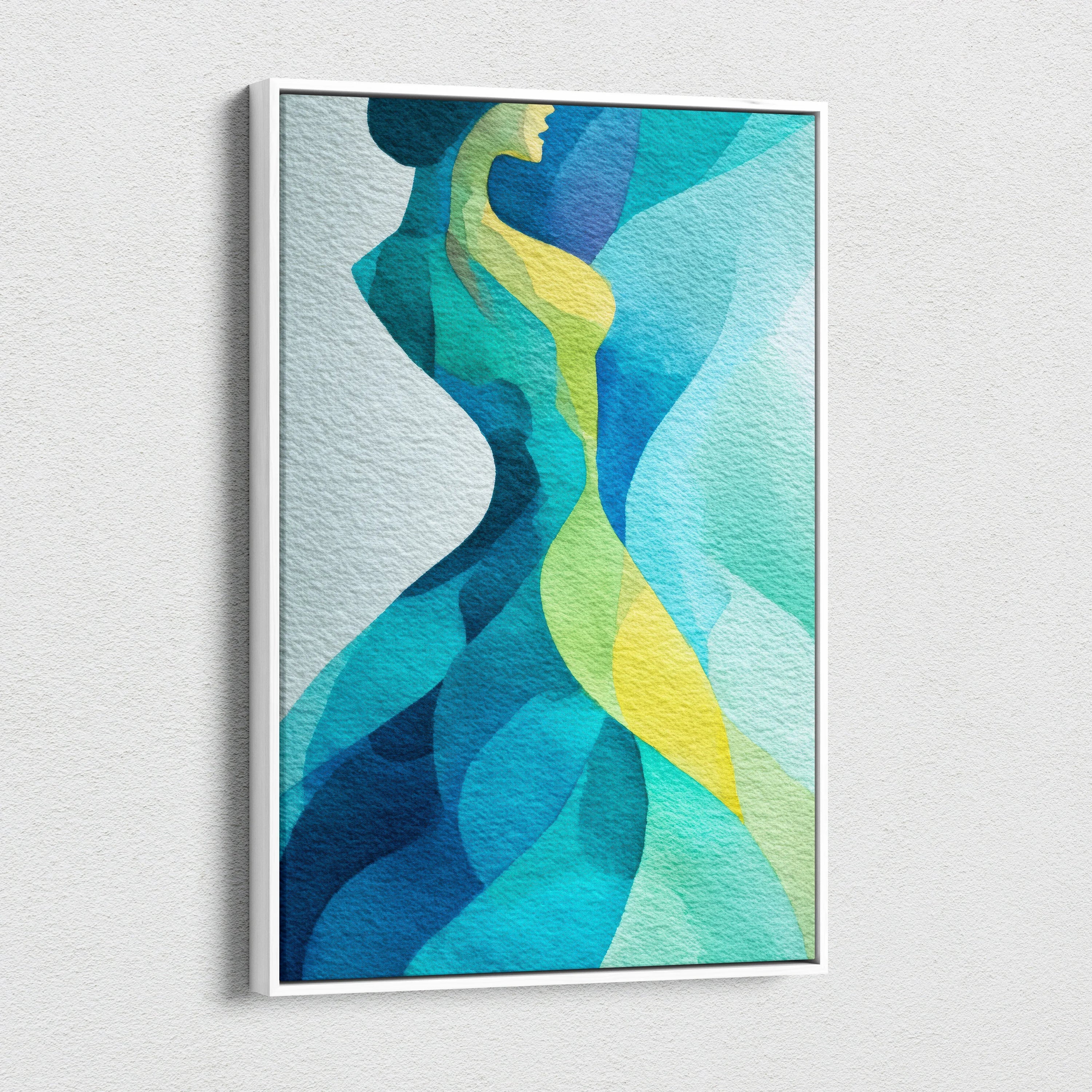Modern vibrant abstract digital art on vertical canvas with flowing blue, green, and yellow shapes wall art.