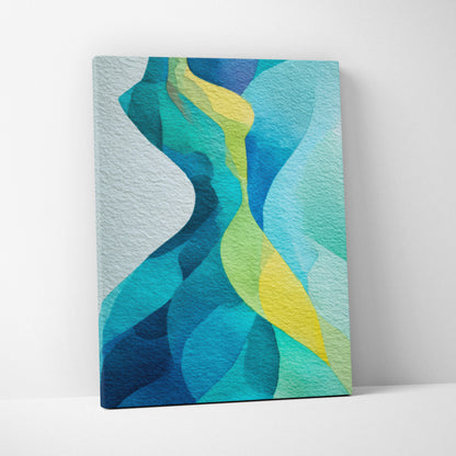 Abstract modern canvas art with vibrant blue, teal, and yellow curved shapes on textured canvas wall art.