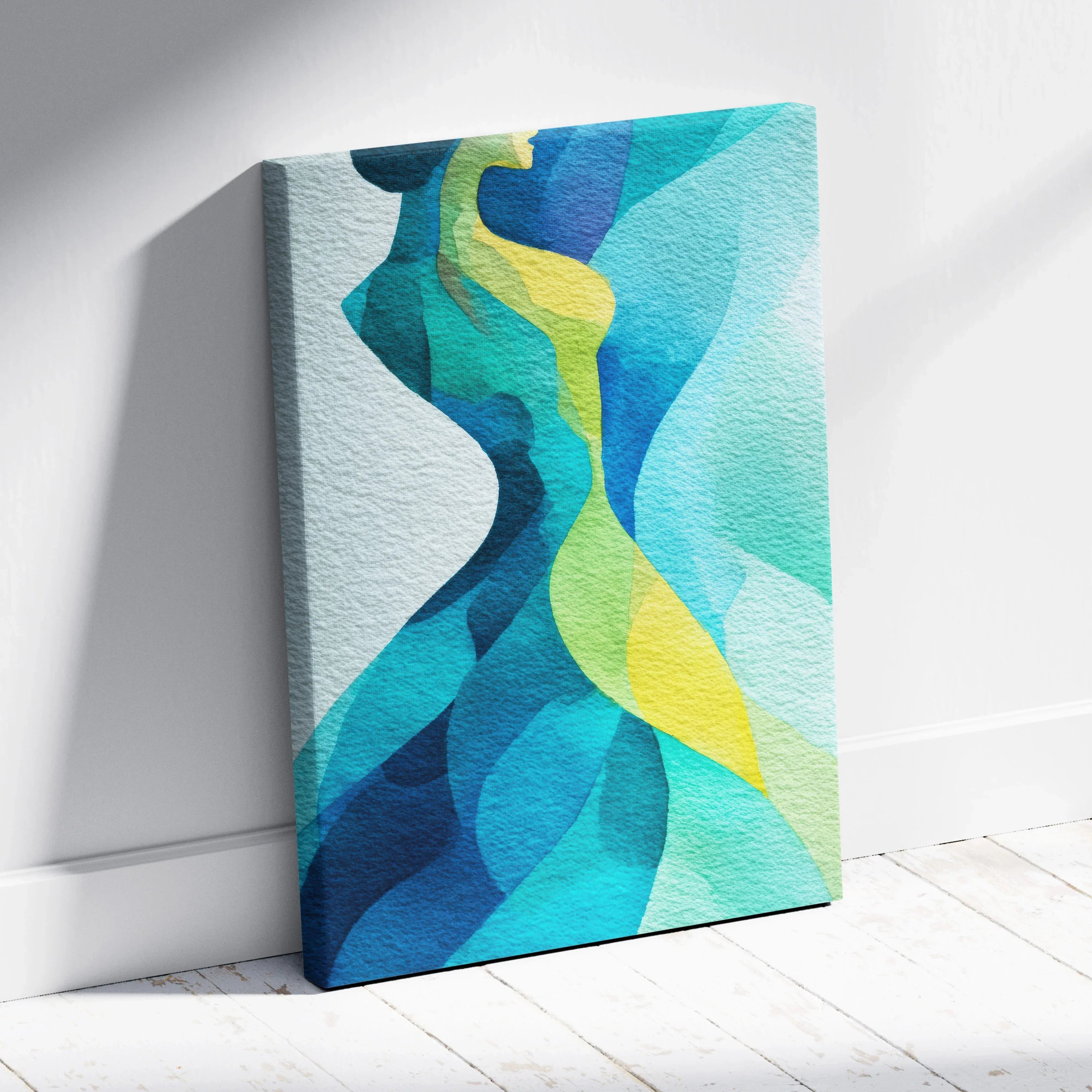 Abstract vibrant blue and yellow curved shapes on vertical canvas wall art against white background.