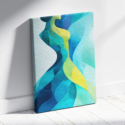 Abstract vibrant blue and yellow curved shapes on vertical canvas wall art against white background.