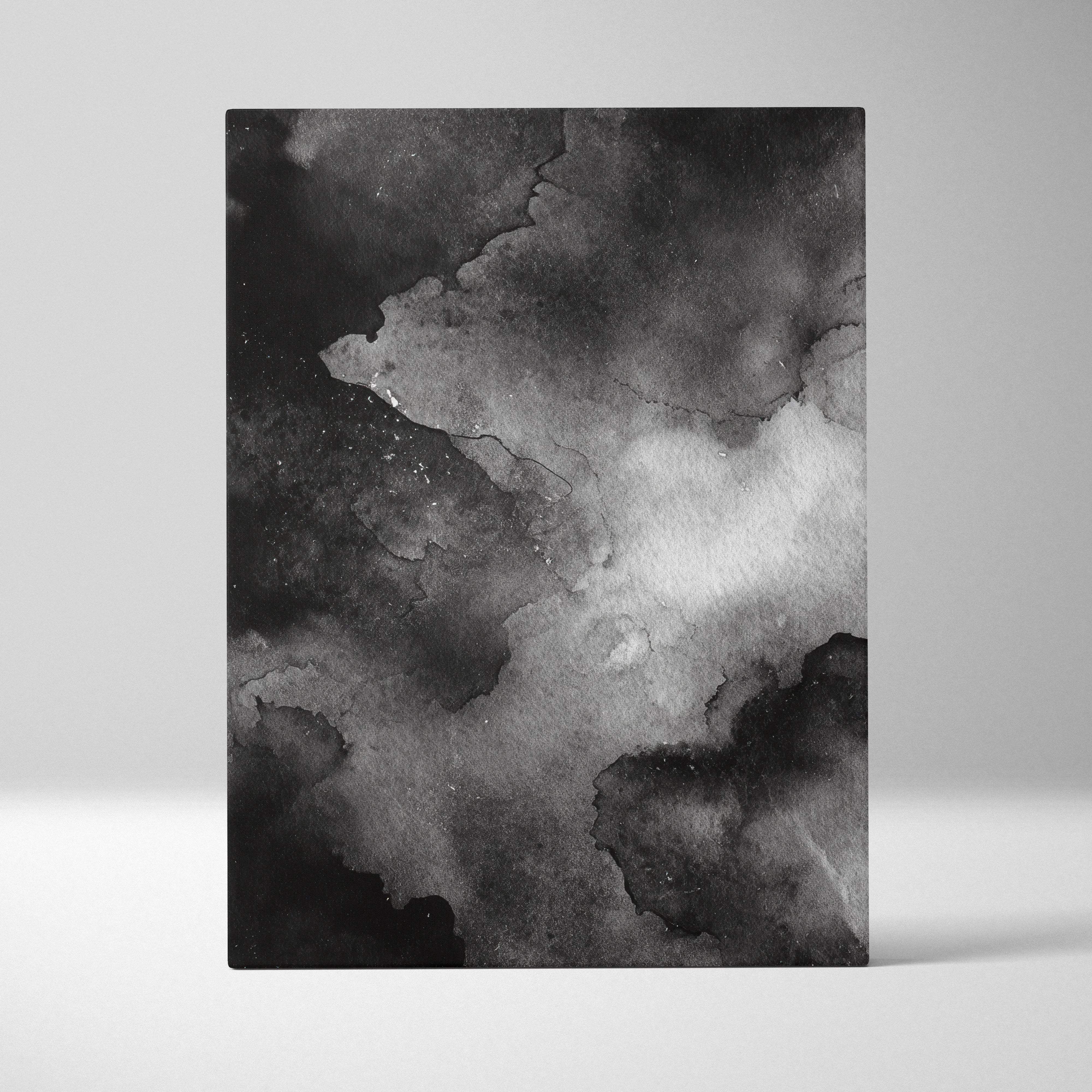 Moody monochrome abstract ink wash landscape canvas print with black and white textured blended watercolor design