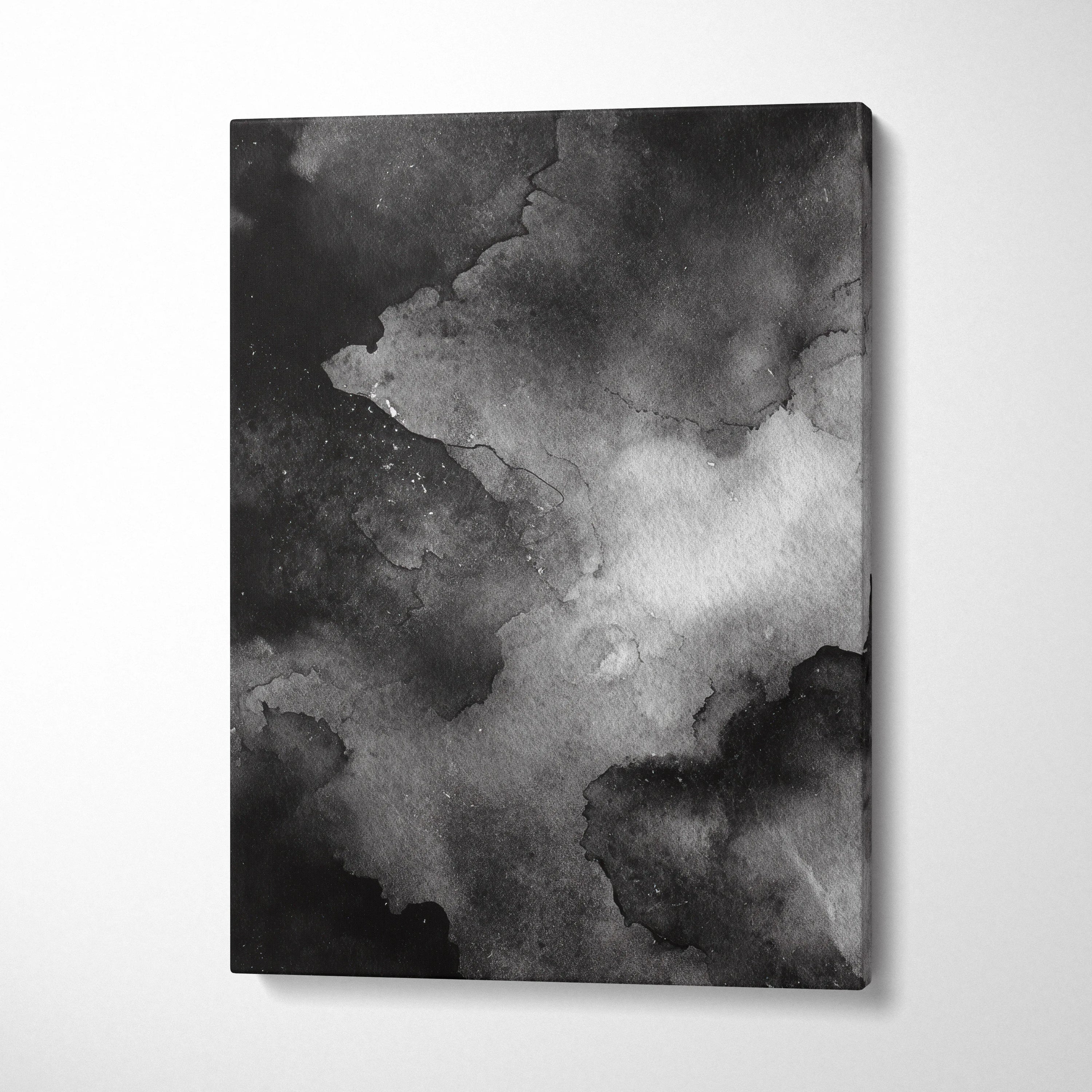 Black and gray abstract digital art canvas print with smoky, nature-inspired textures, vertical wall art.