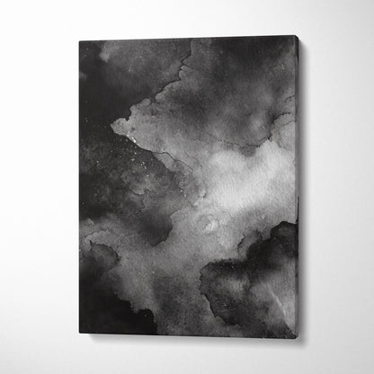Black and gray abstract digital art canvas print with smoky, nature-inspired textures, vertical wall art.