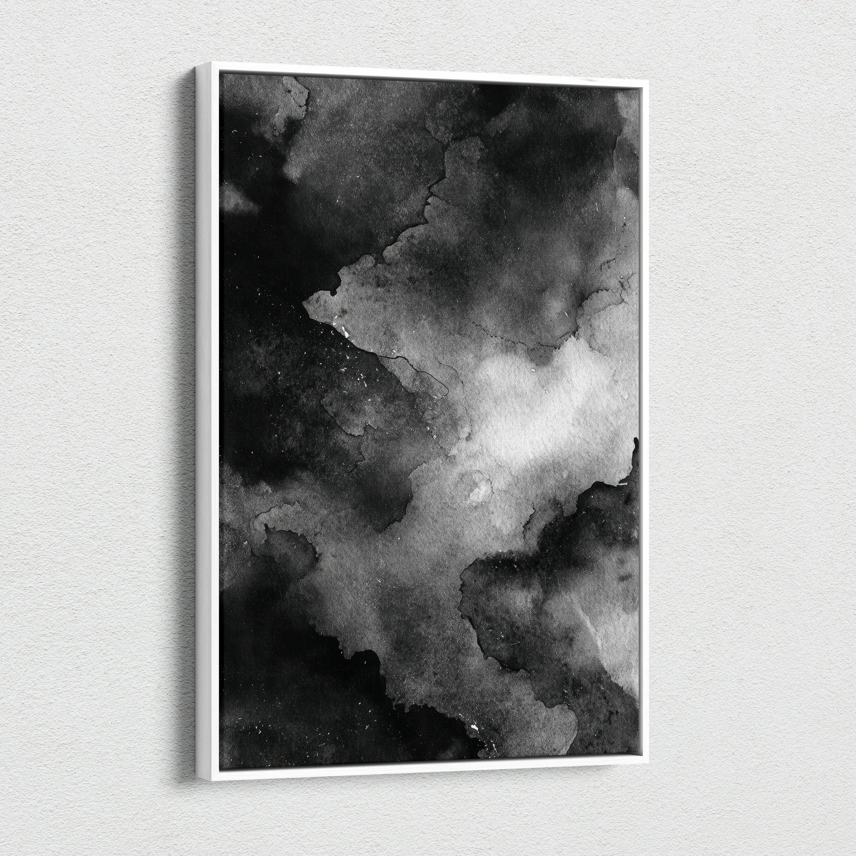 Abstract black and gray watercolor style canvas art with soft cloud-like shapes, vertical wall art.