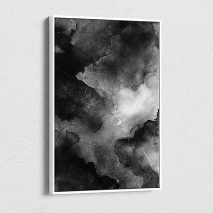 Abstract black and gray watercolor style canvas art with soft cloud-like shapes, vertical wall art.