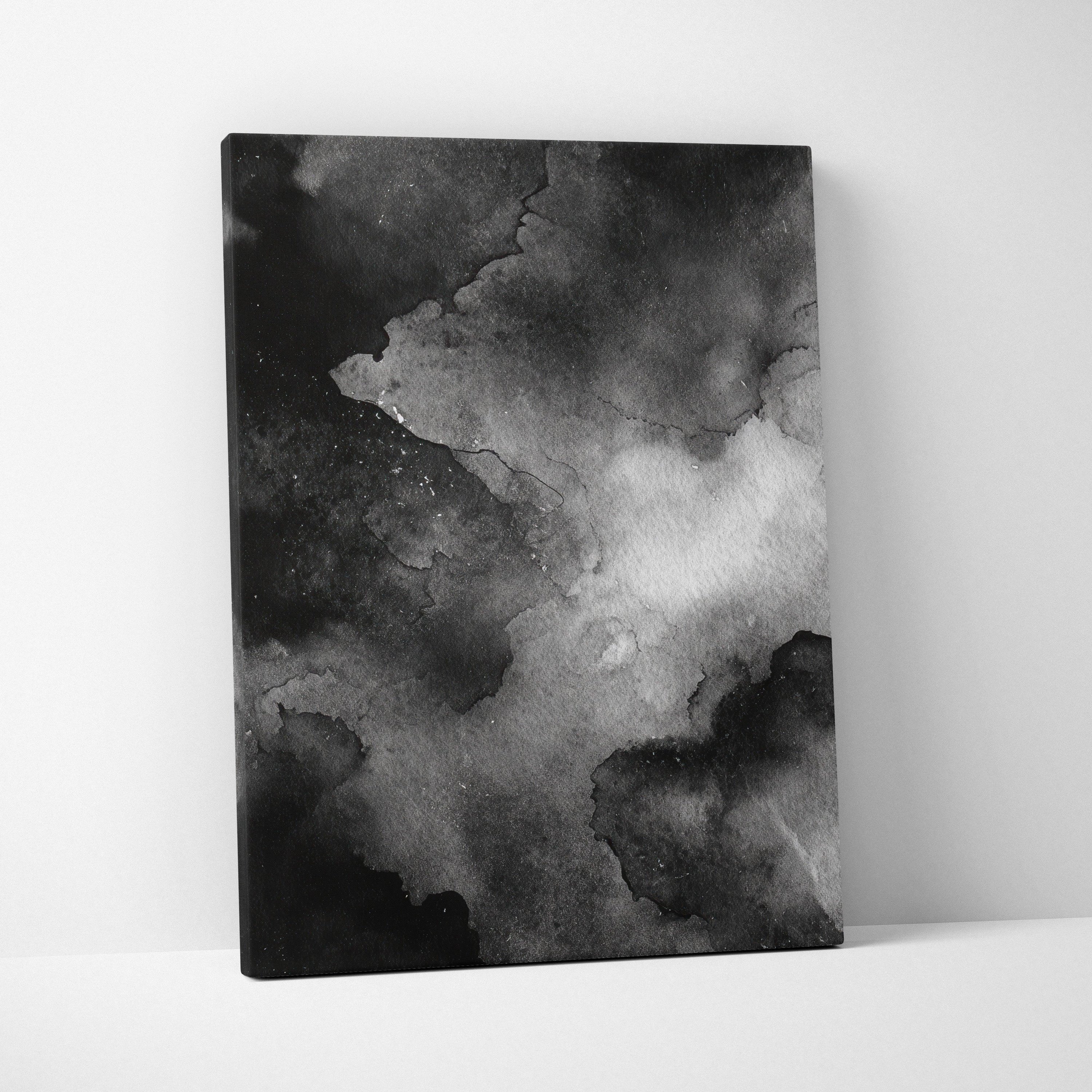 Black and gray abstract digital art on vertical canvas wall art with smoky texture.