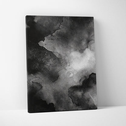 Black and gray abstract digital art on vertical canvas wall art with smoky texture.