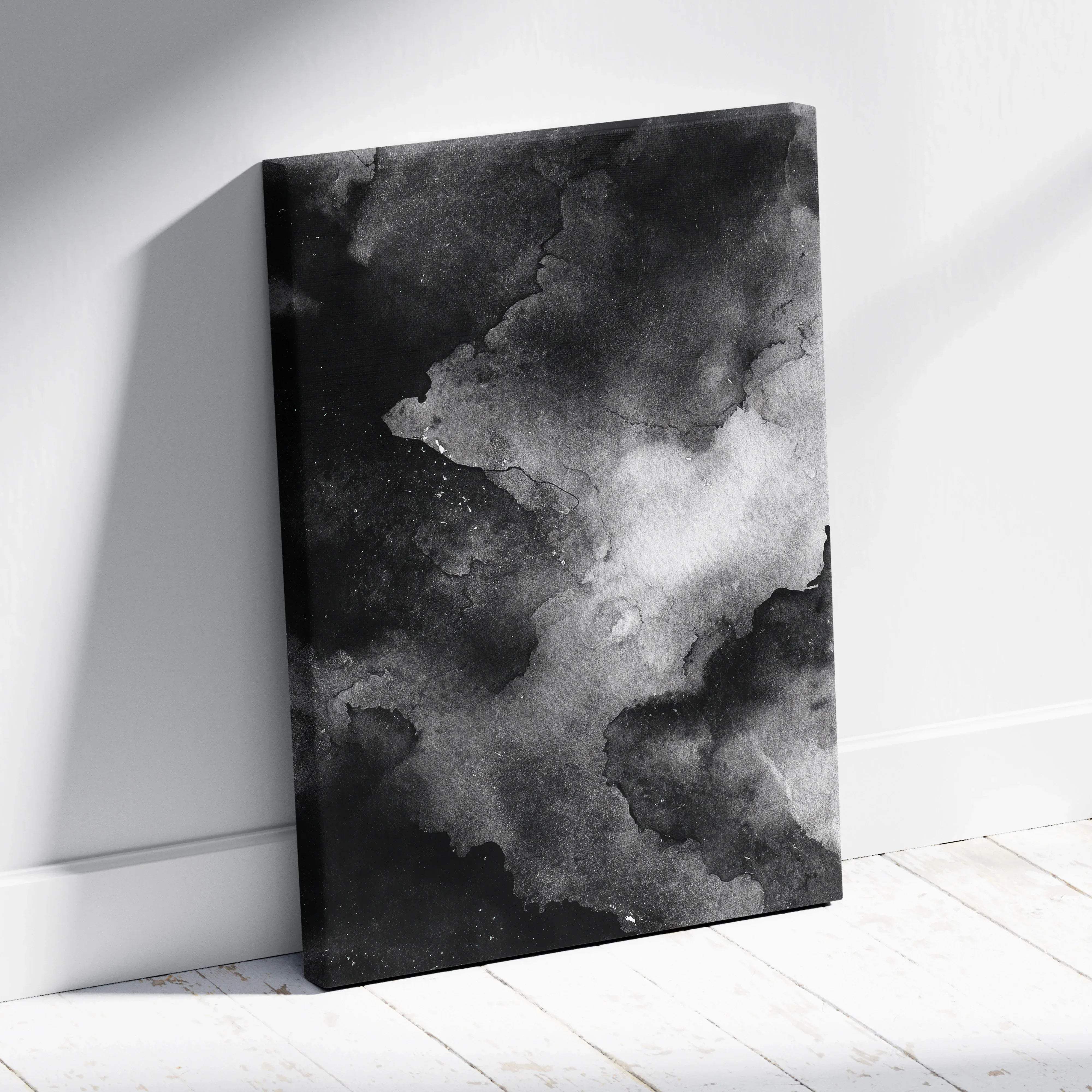 Moody monochrome abstract ink wash landscape canvas print with black and white textured layered brushstrokes