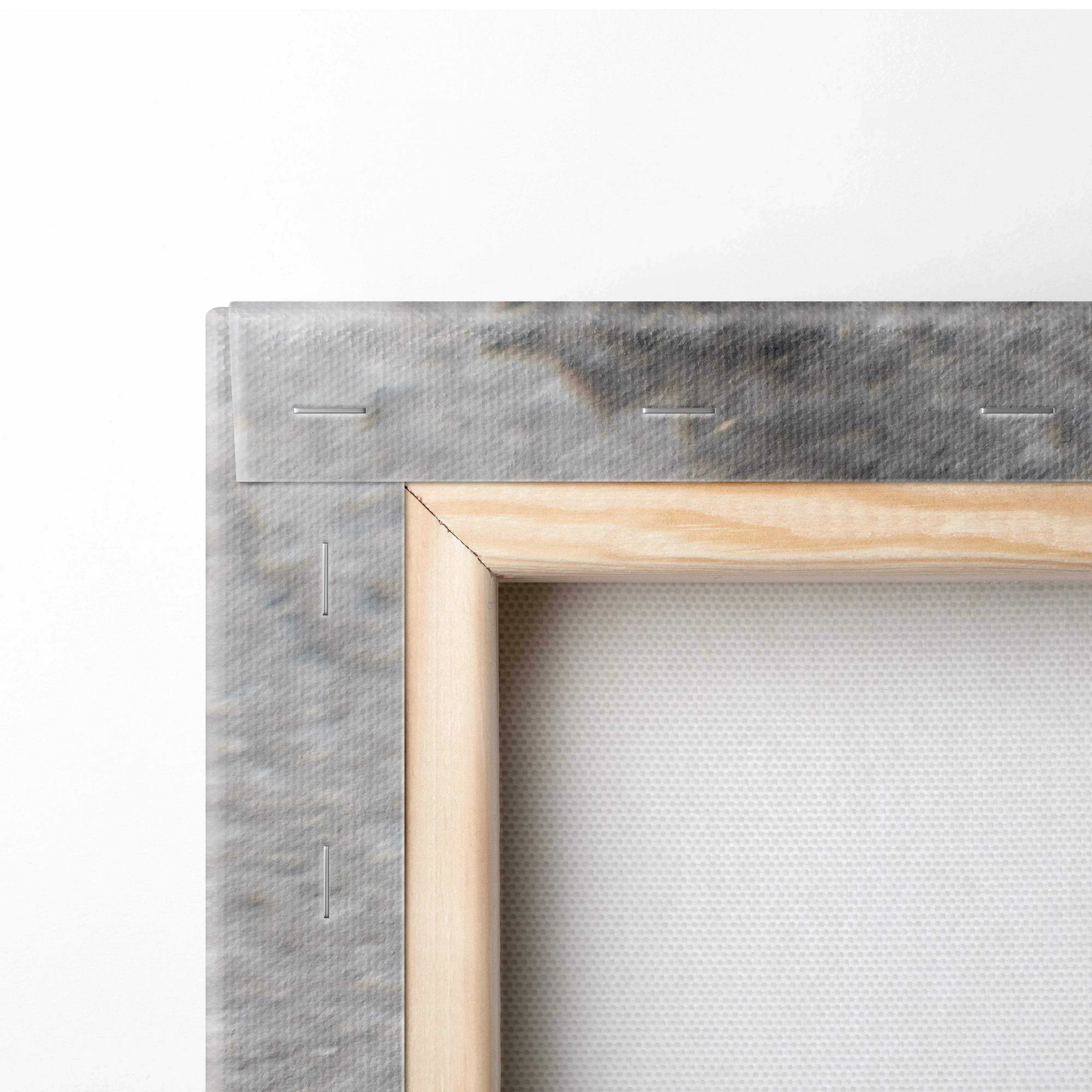 Light wood-framed abstract ink blot canvas wall art with gray textured backing and white woven fabric surface