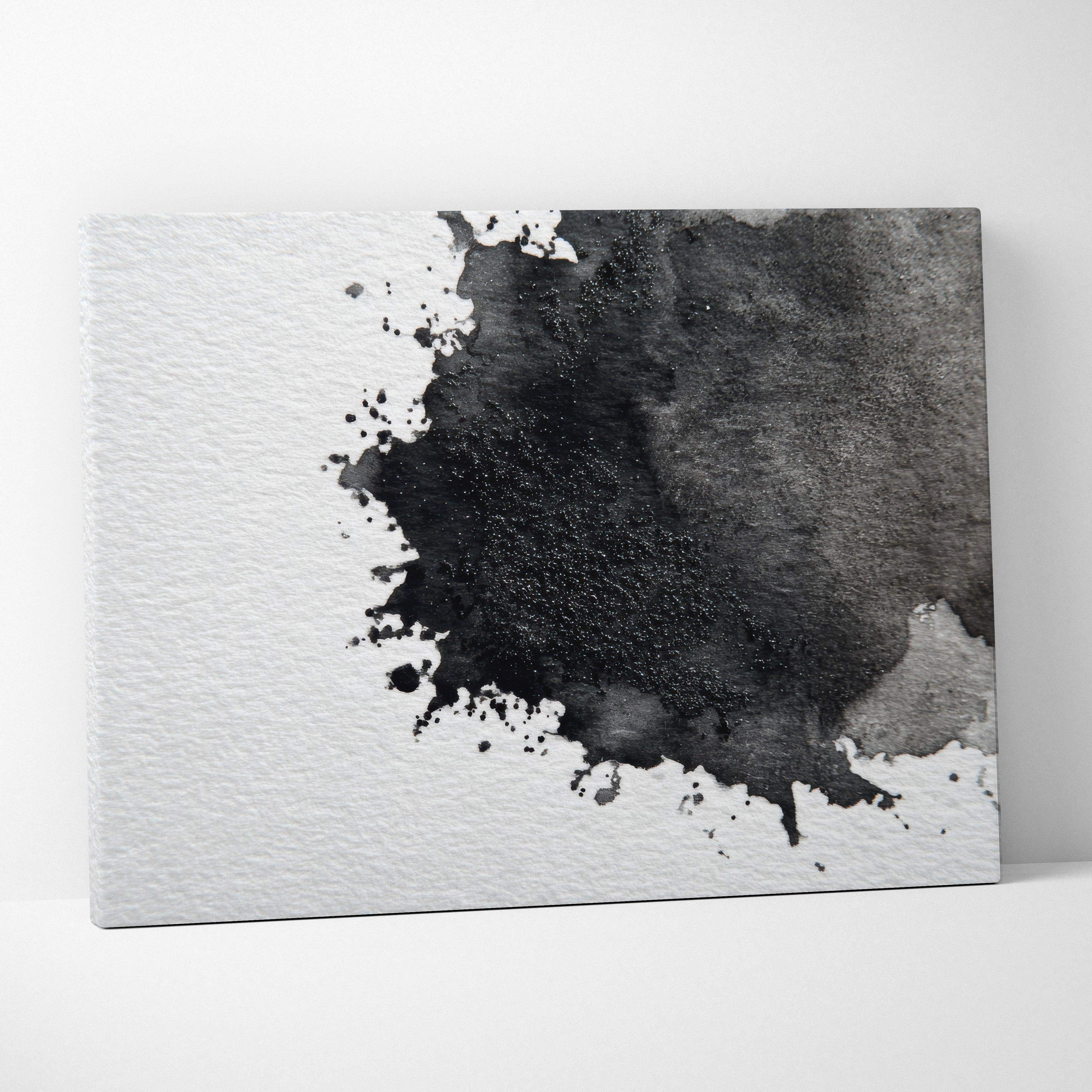 Abstract ink blot canvas wall art with black ink splatter on textured white paper for moody living room decor accent
