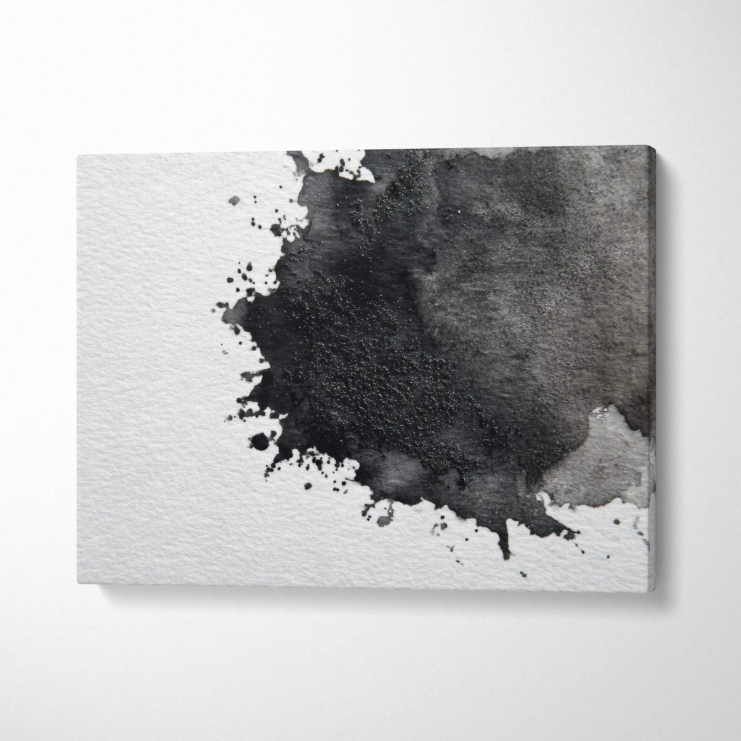 Abstract black ink splash on white textured canvas wall art with modern digital design.