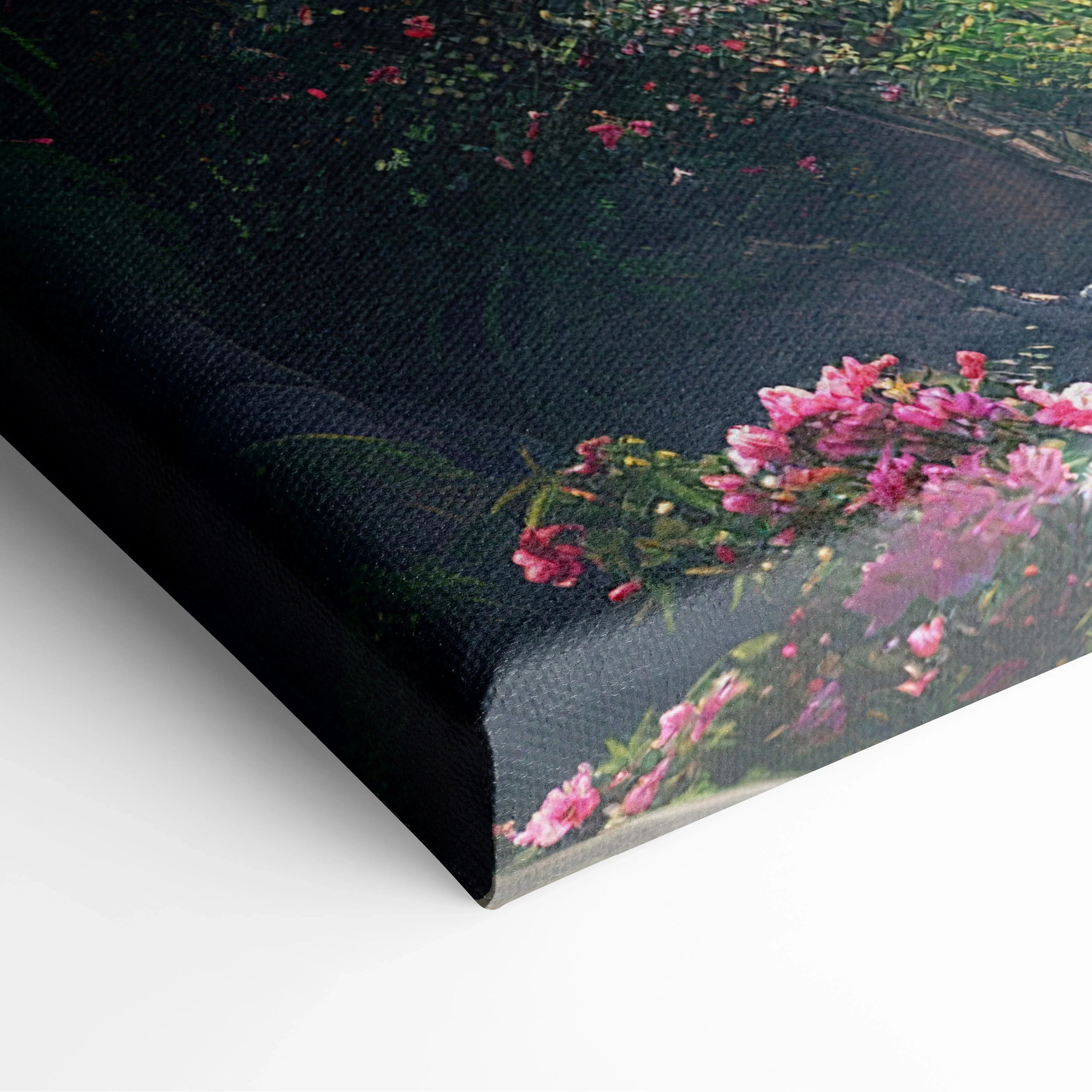Canvas wall art featuring a vibrant waterfall surrounded by lush green forest and pink flowers.