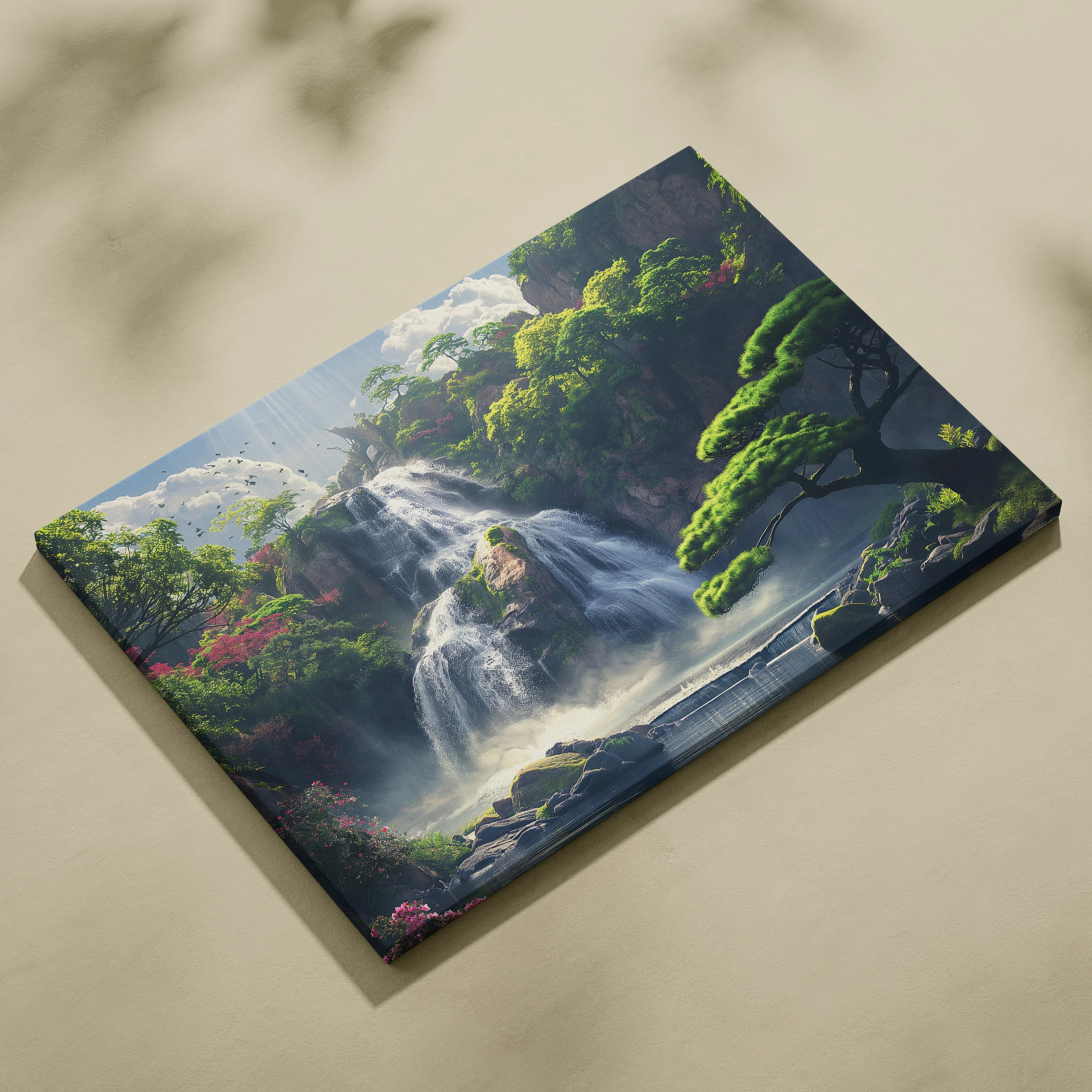 Canvas wall art featuring a vibrant waterfall cascading through lush green forest landscape with detailed foliage and mist.