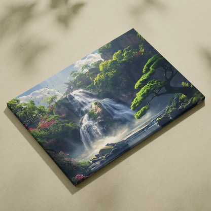 Canvas wall art featuring a vibrant waterfall cascading through lush green forest landscape with detailed foliage and mist.