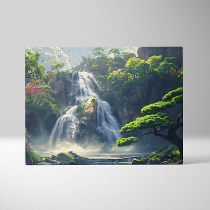 Canvas wall art featuring a vibrant waterfall cascading through lush green forest landscape with mist and rocks.