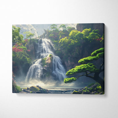 Waterfall cascading through lush green forest on canvas wall art decor in soft natural tones.