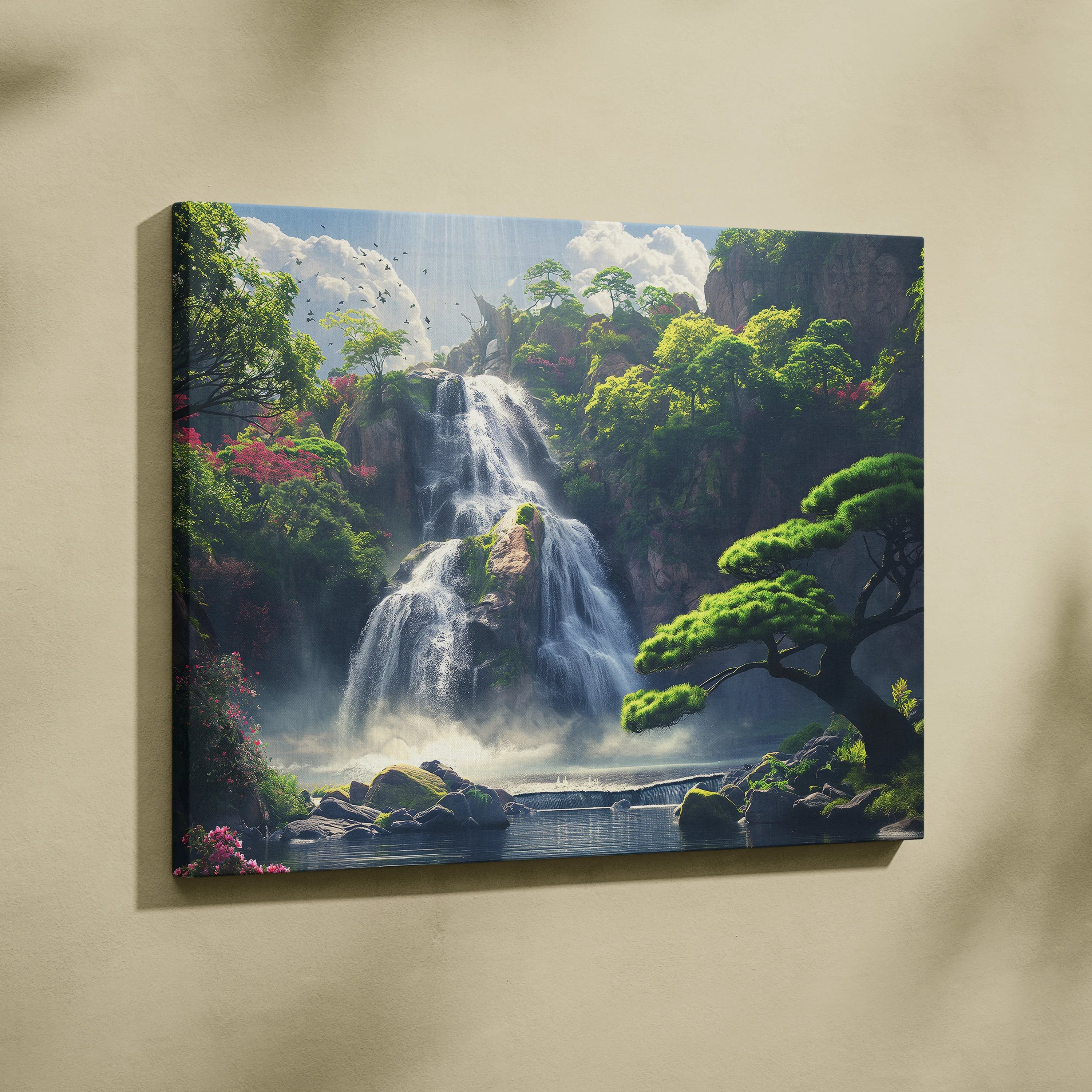 Canvas wall art featuring a vibrant waterfall cascading through lush green forest with bright flowers and a clear sky.