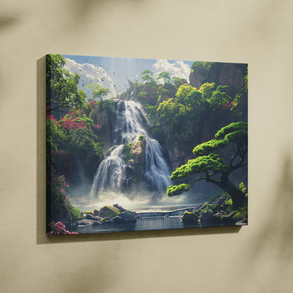 Canvas wall art featuring a vibrant waterfall cascading through lush green forest with bright flowers and a clear sky.