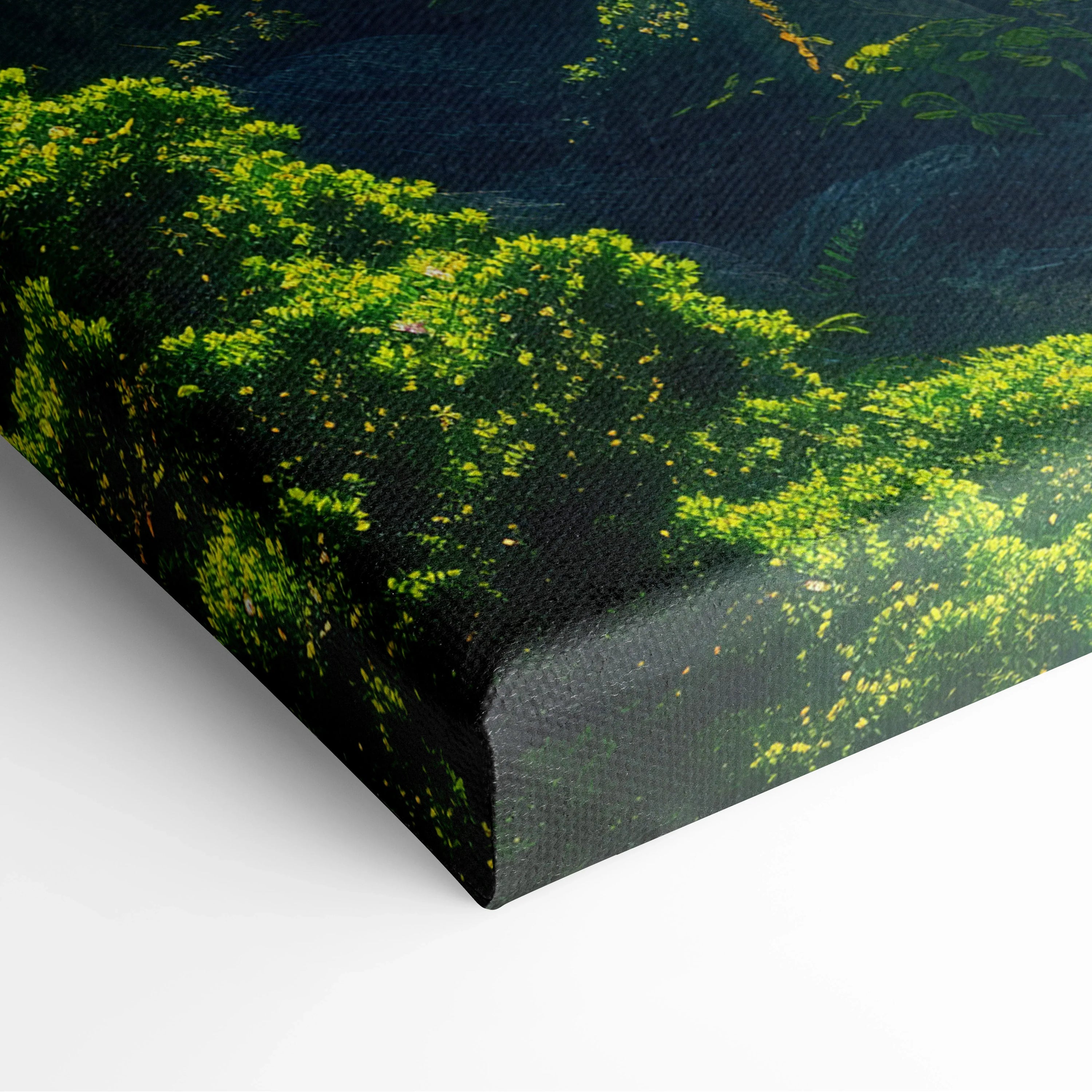 Canvas wall art featuring a lush green forest with a misty waterfall cascading beside a windswept tree.