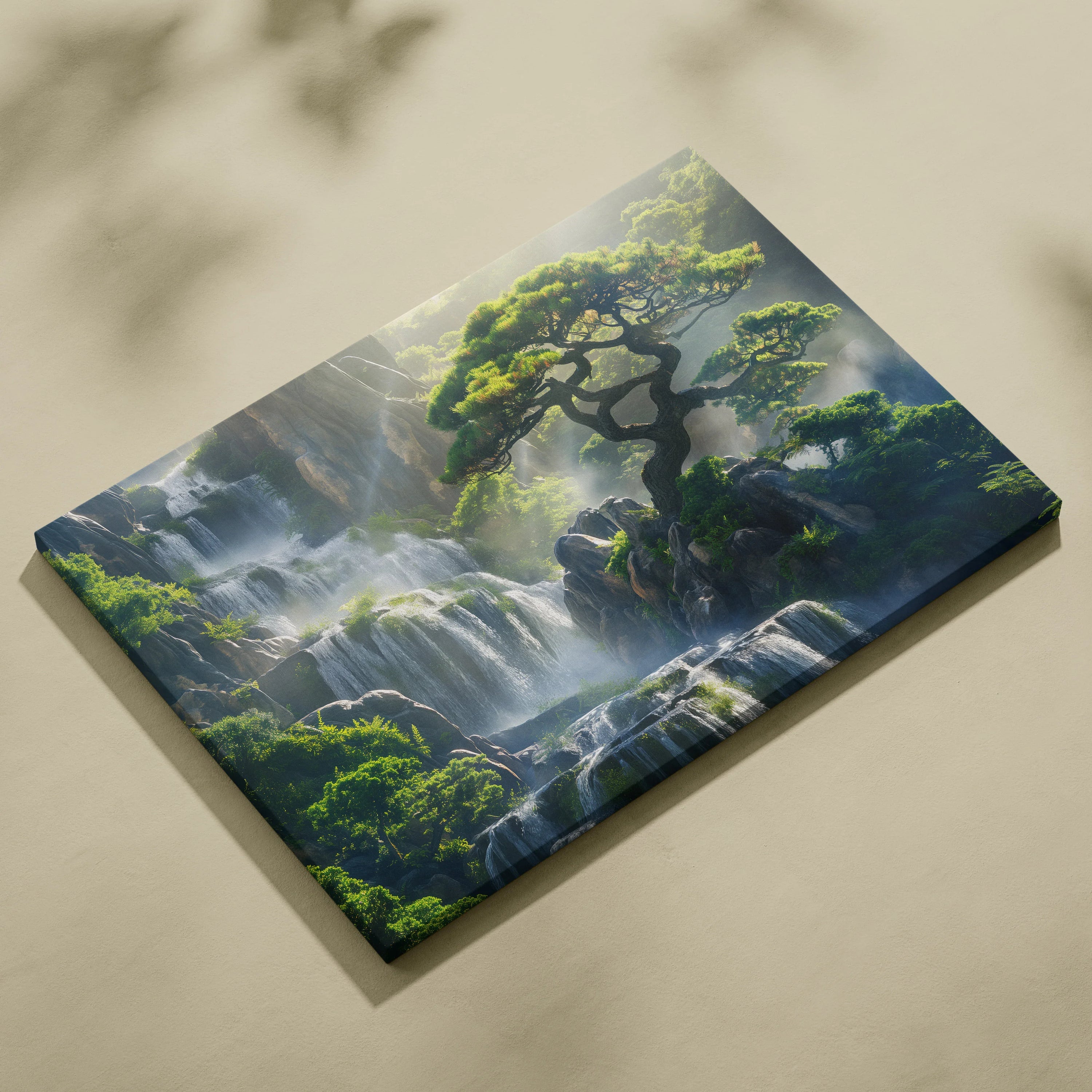 Canvas wall art featuring a misty waterfall cascading over rocks with a windswept tree and lush green foliage.
