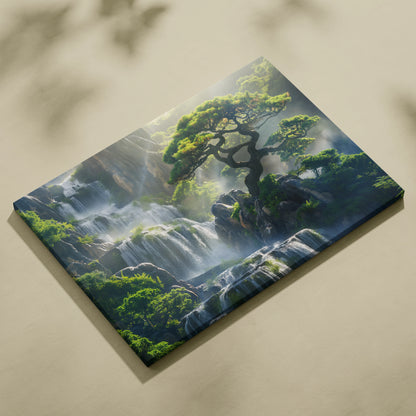 Canvas wall art featuring a misty waterfall cascading over rocks with a windswept tree and lush green foliage.