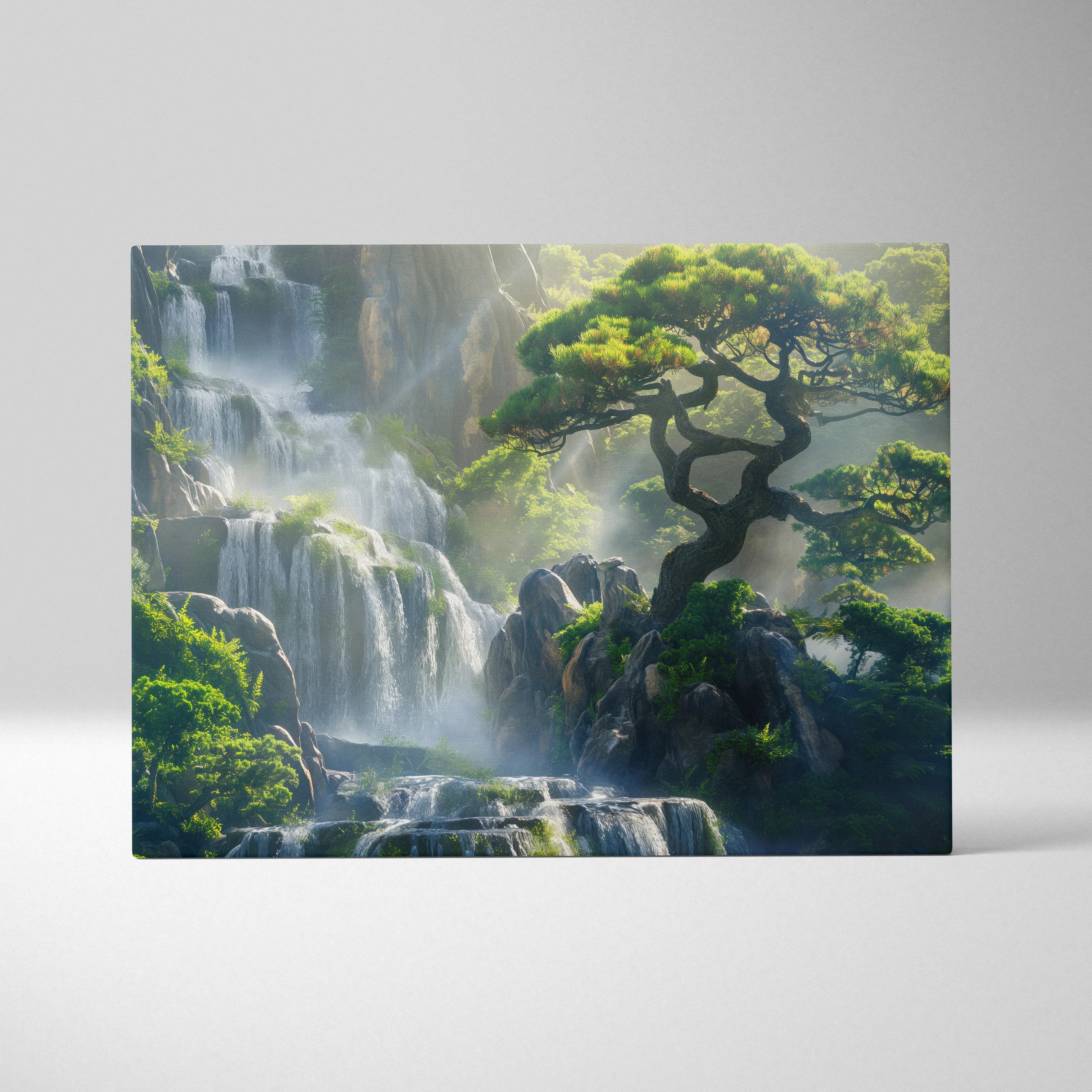 Canvas wall art depicting a misty waterfall cascading over rocks beside a windswept green tree in a serene natural setting.
