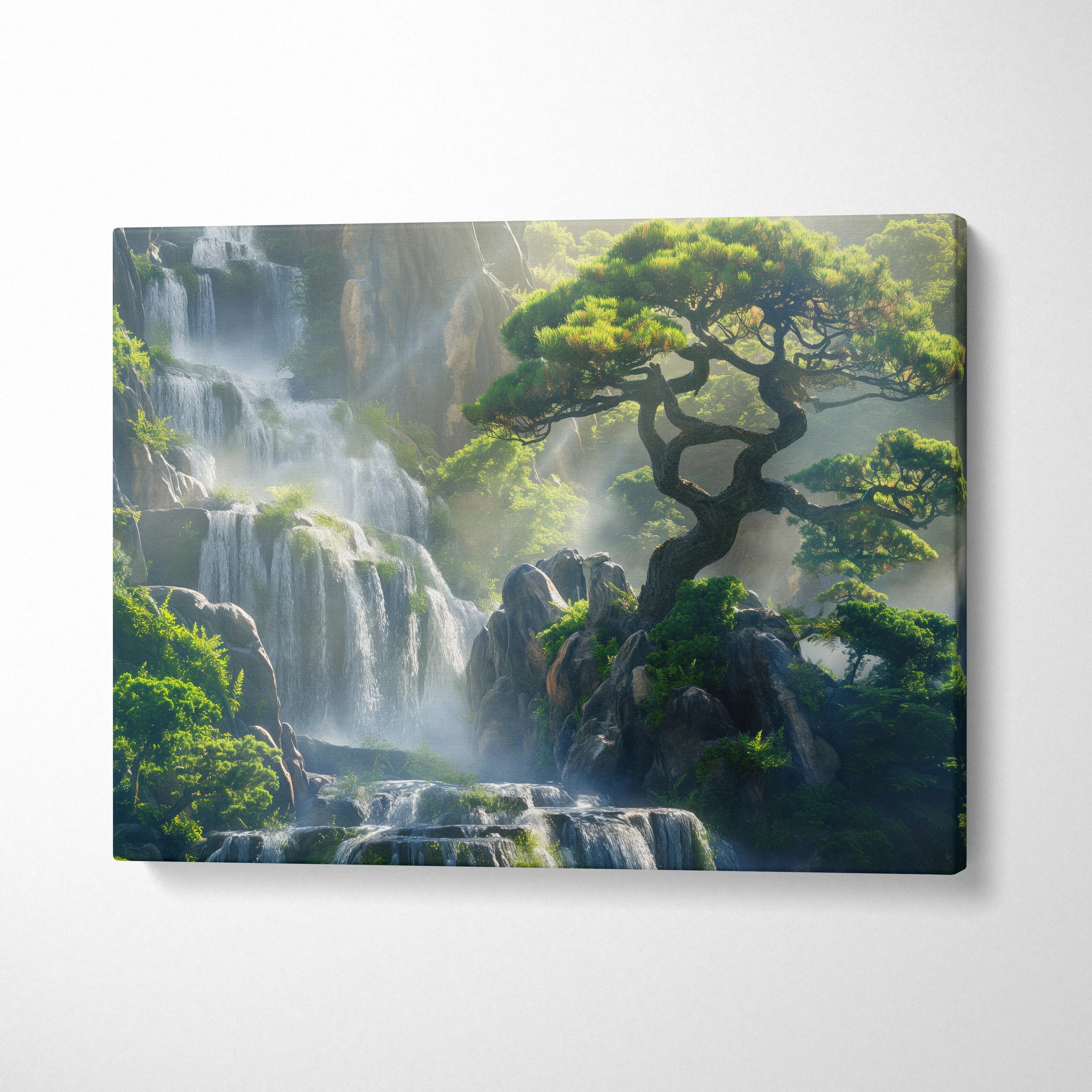 Waterfall nature canvas wall art with misty cascade and windswept tree decor.