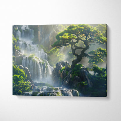 Waterfall nature canvas wall art with misty cascade and windswept tree decor.