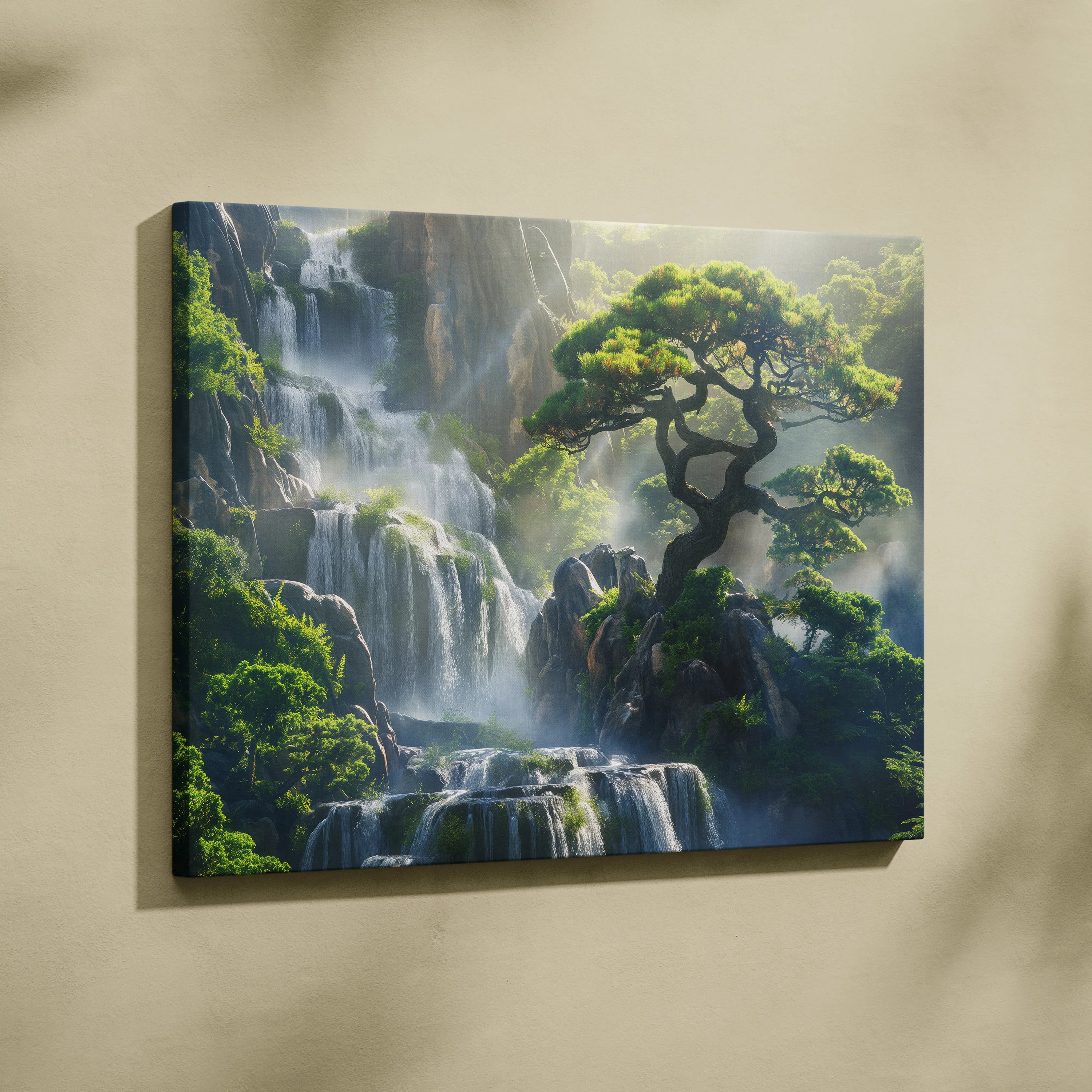 Canvas wall art featuring a misty multi-tiered waterfall cascading beside a windswept tree on rocky terrain with lush.