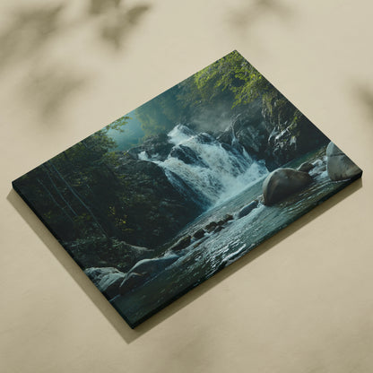 Canvas wall art featuring a high-resolution waterfall flowing through rocky terrain with lush green foliage.