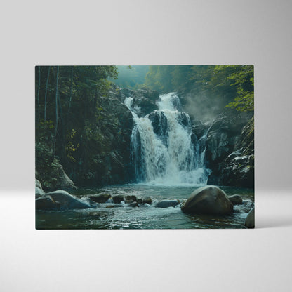 Canvas wall art featuring a high-resolution nature scene of a cascading waterfall surrounded by lush green trees and rocky.