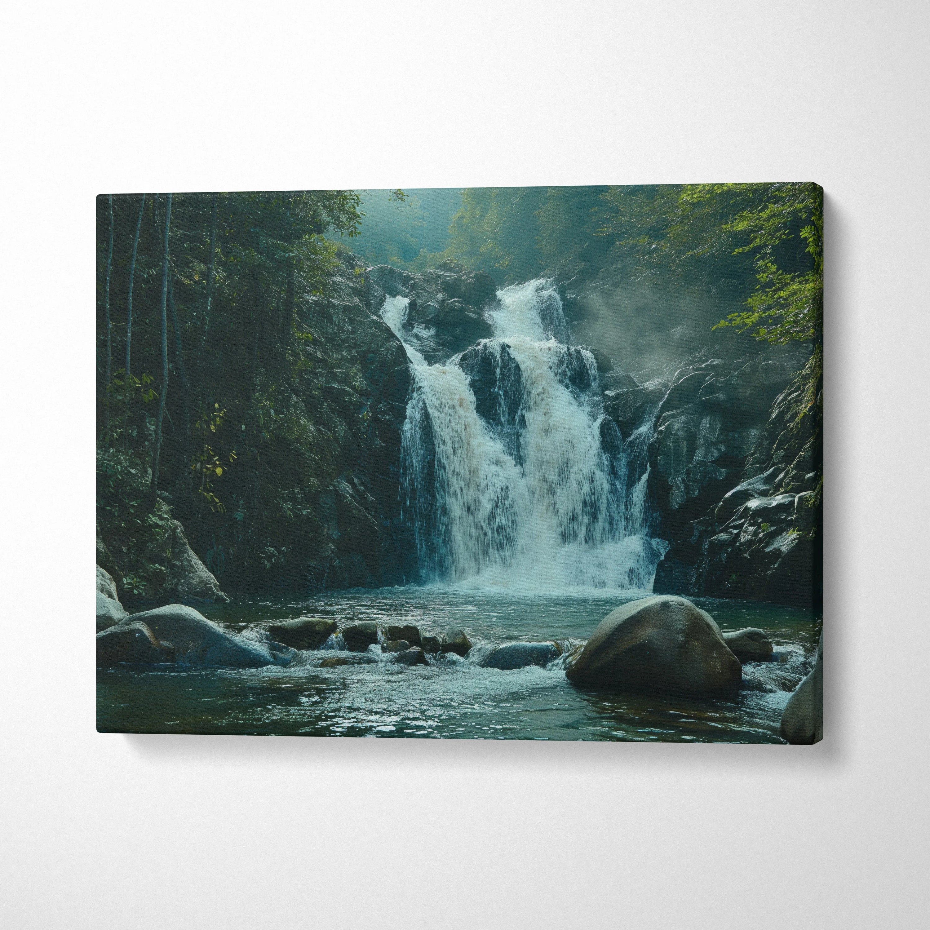 Waterfall nature scene canvas wall art with serene flowing water and lush forest decor.