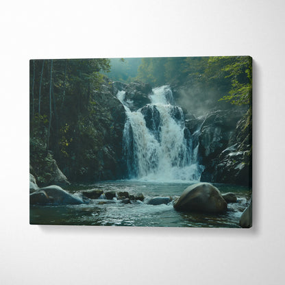 Waterfall nature scene canvas wall art with serene flowing water and lush forest decor.