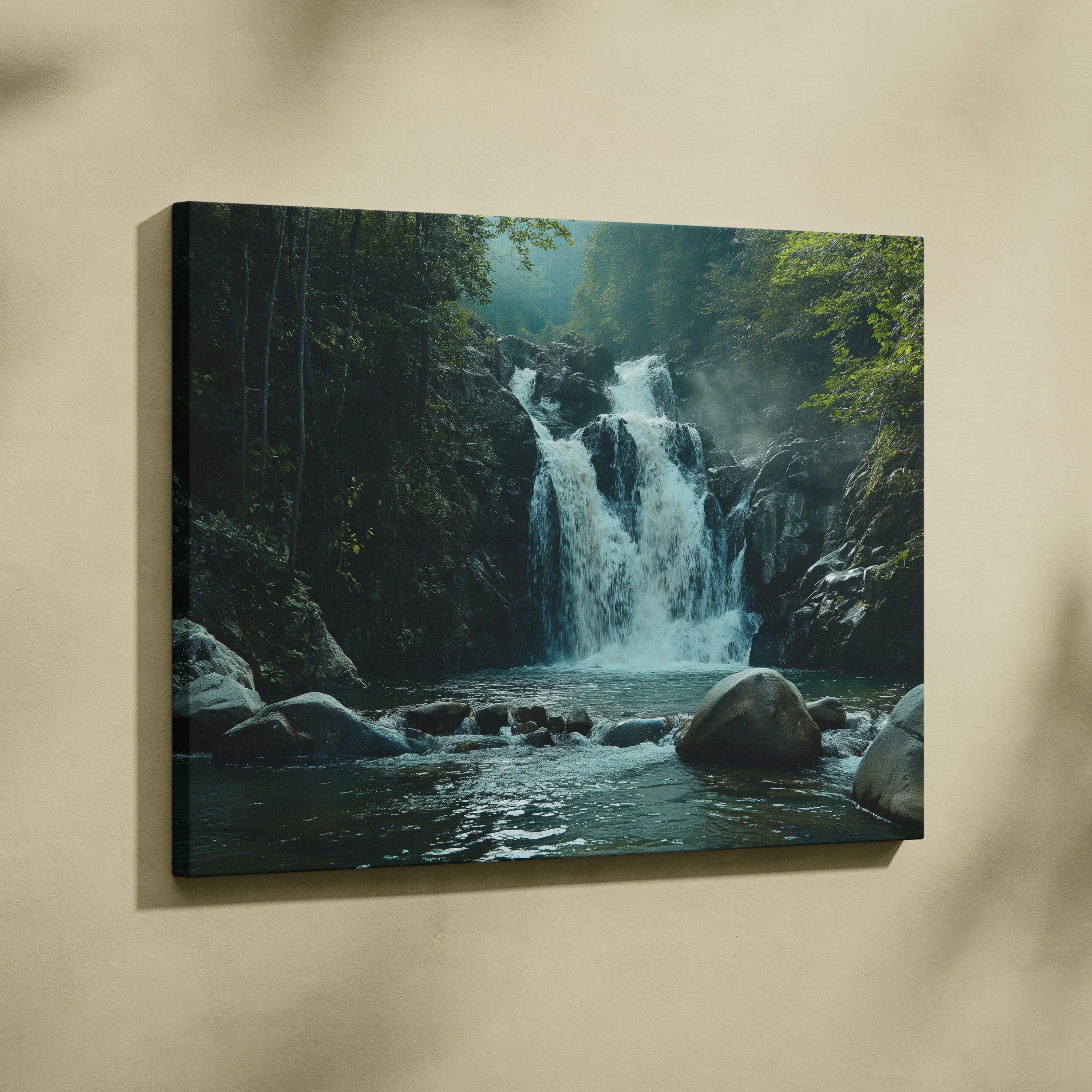 Canvas wall art featuring a high-resolution waterfall scene with lush green foliage and rocky streambed.