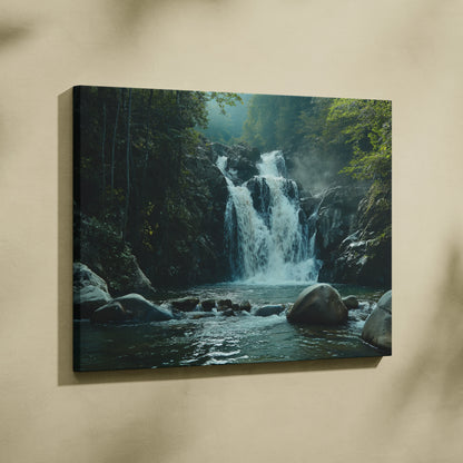 Canvas wall art featuring a high-resolution waterfall scene with lush green foliage and rocky streambed.