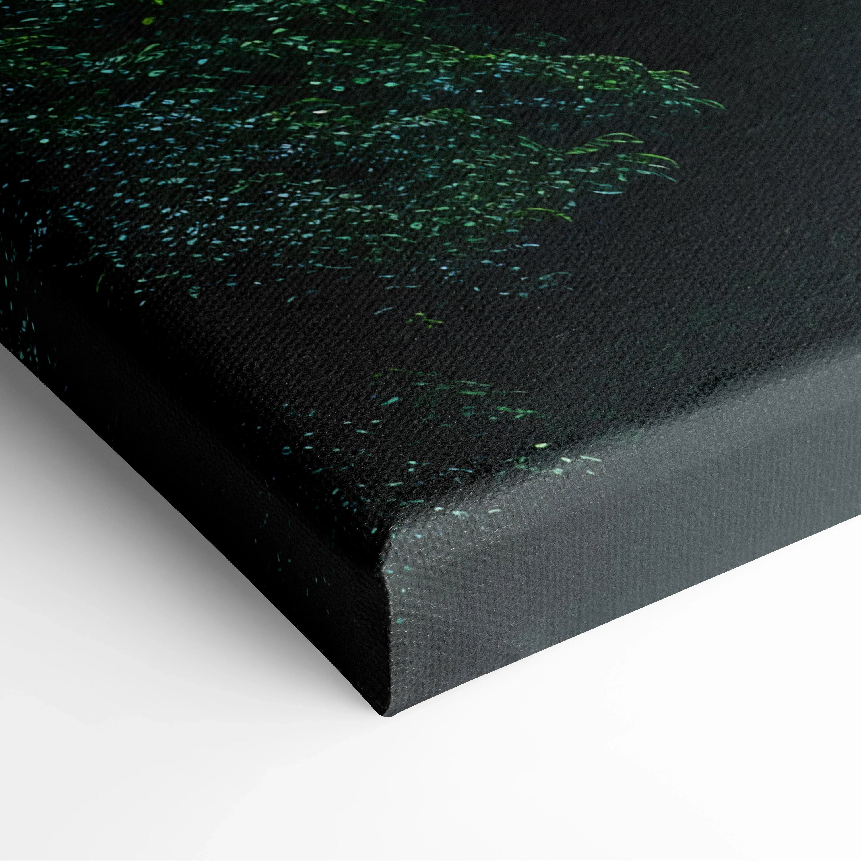 Canvas wall art featuring a dark forest scene with cascading waterfall details and rich green foliage.