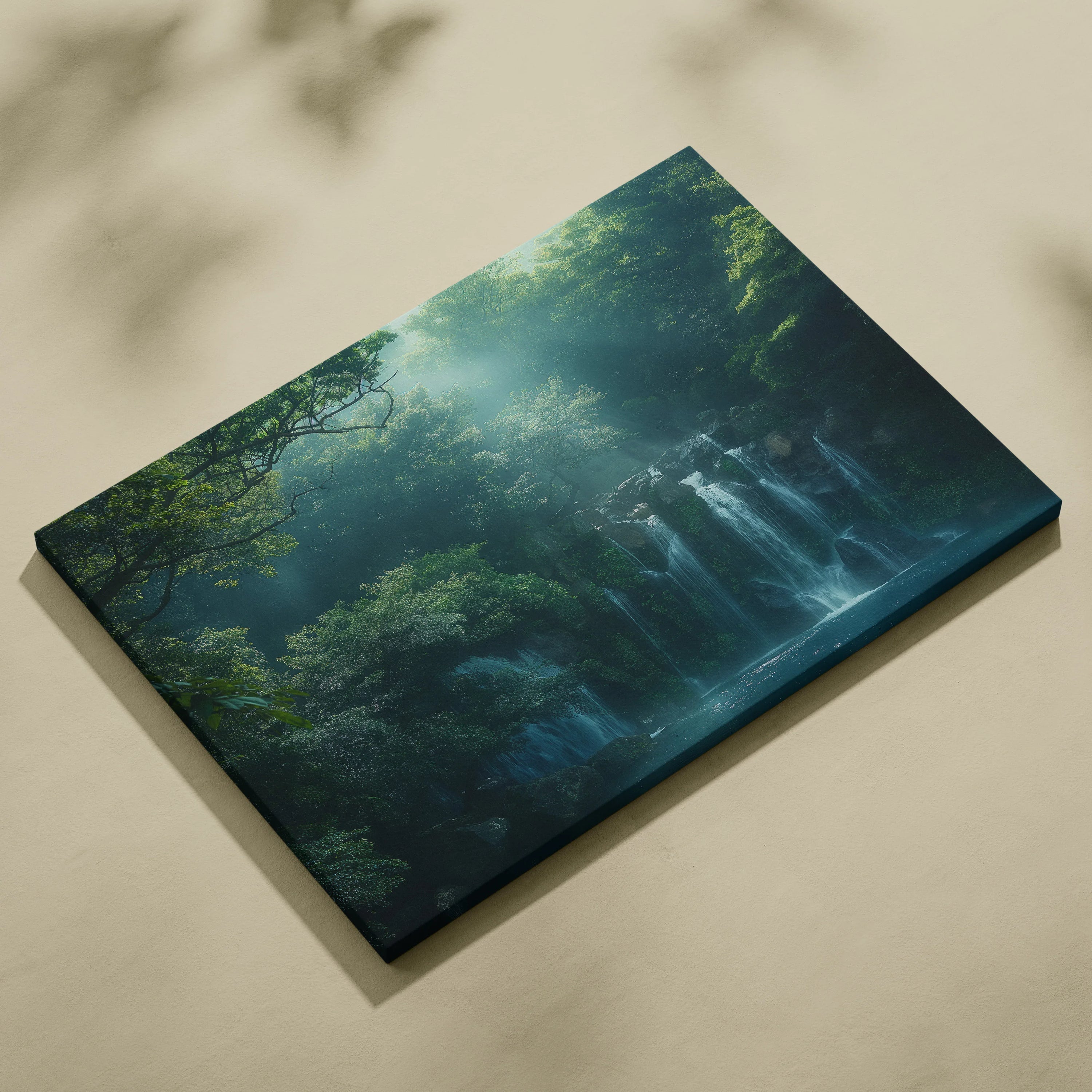 Canvas wall art featuring a serene forest waterfall with lush green trees and soft light filtering through dense foliage.