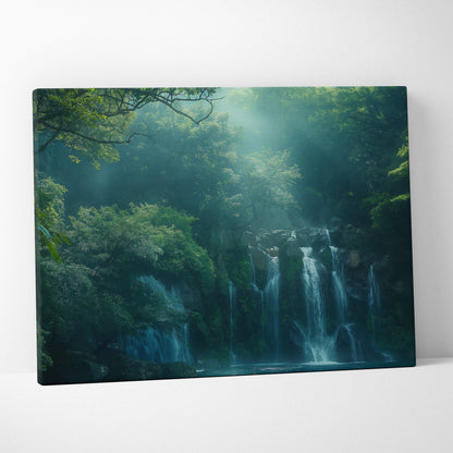 Canvas wall art featuring a misty forest scene with cascading waterfalls and lush green foliage.