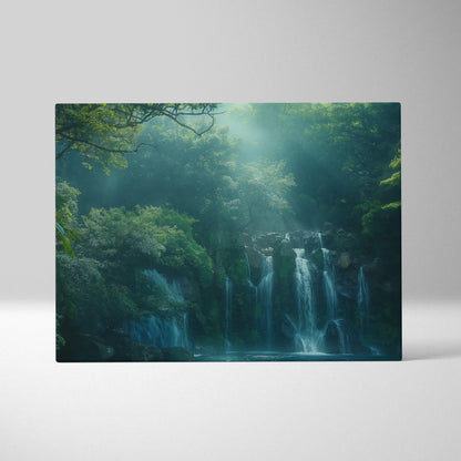 Canvas wall art depicting a serene forest waterfall with lush green trees and soft sunlight filtering through the foliage.