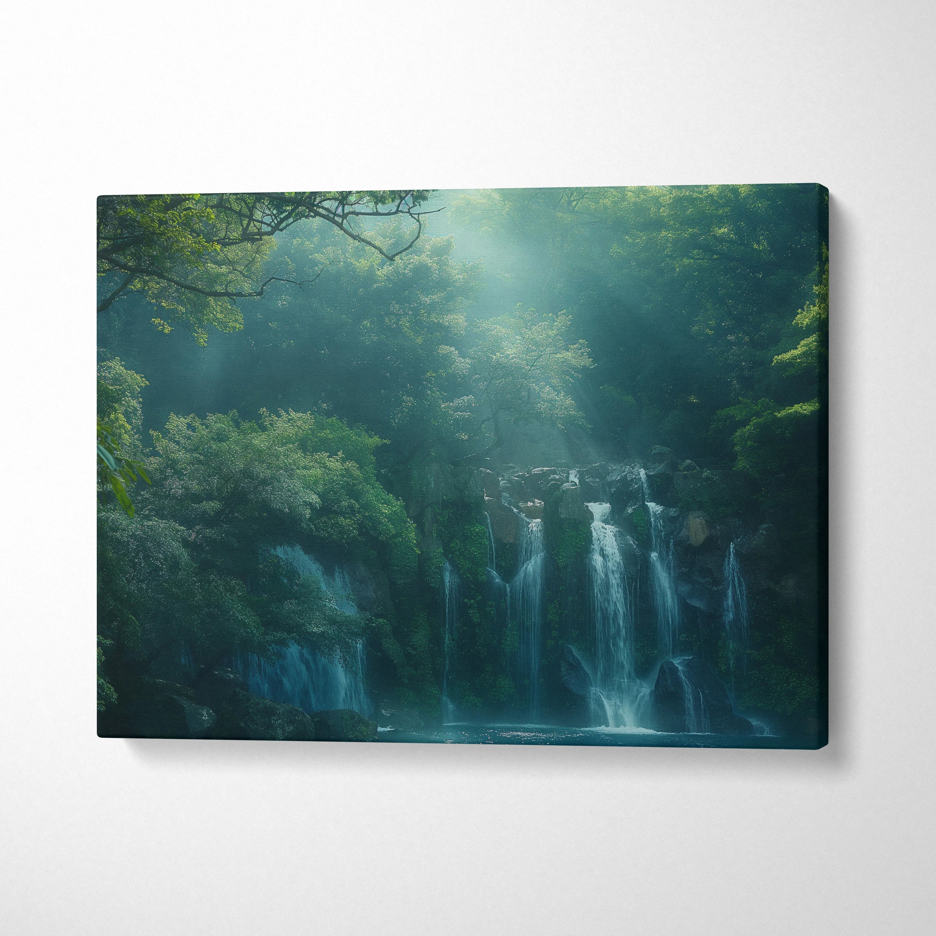 Waterfall in dense green forest canvas wall art with mist and soft sunlight decor.